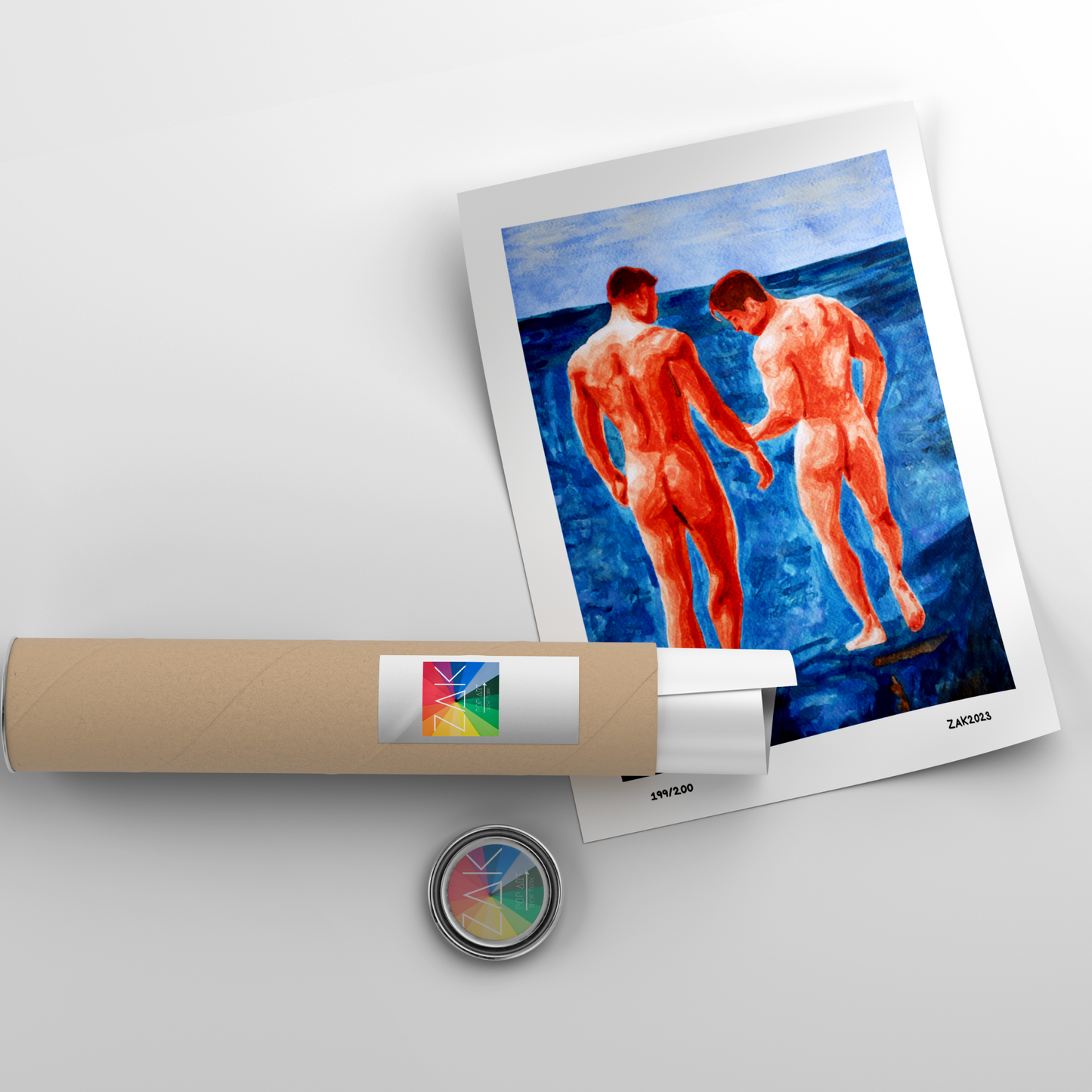 A framed artwork featuring a painting of two nude male figures on a beach, with a blue and turquoise color palette.