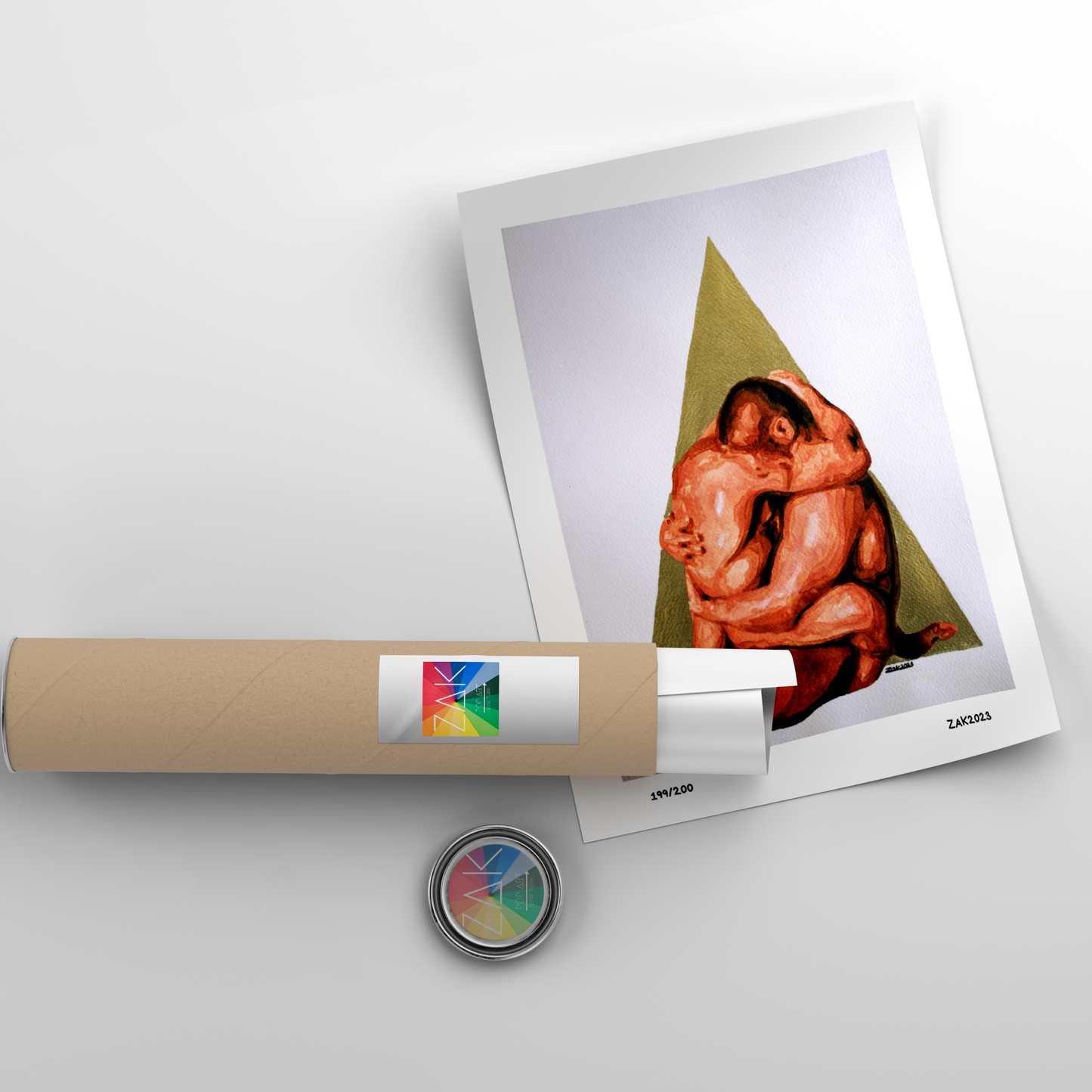 This image features a striking section of the "Pyramid Love 2" wall art print, showcasing an artistic depiction of a gay couple in a sensitive and intimate pose under a geometric pyramid. The print is rendered in a warm, earthy tone, emphasizing the human figures and the geometric shape, which adds an abstract and thought-provoking element to the piece.