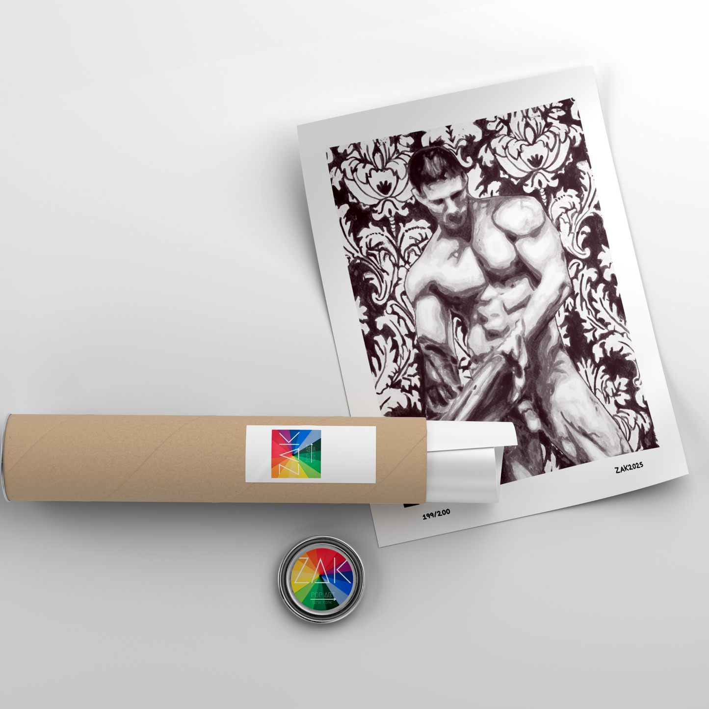 Artistic print of a muscular figure with decorative patterns, rolled up and displayed on a light gray background.