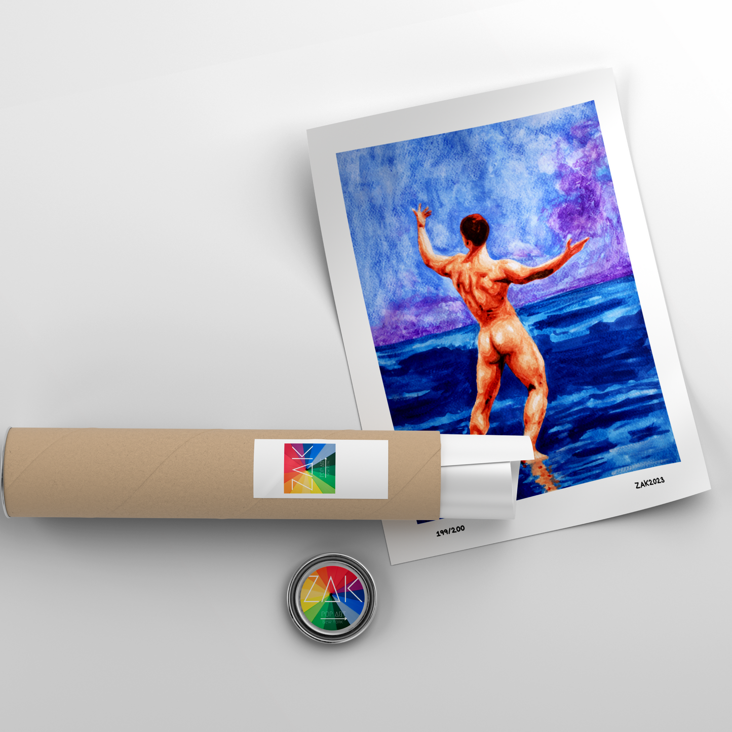 Blue Ocean Gay Nude Male Art Print on Beach