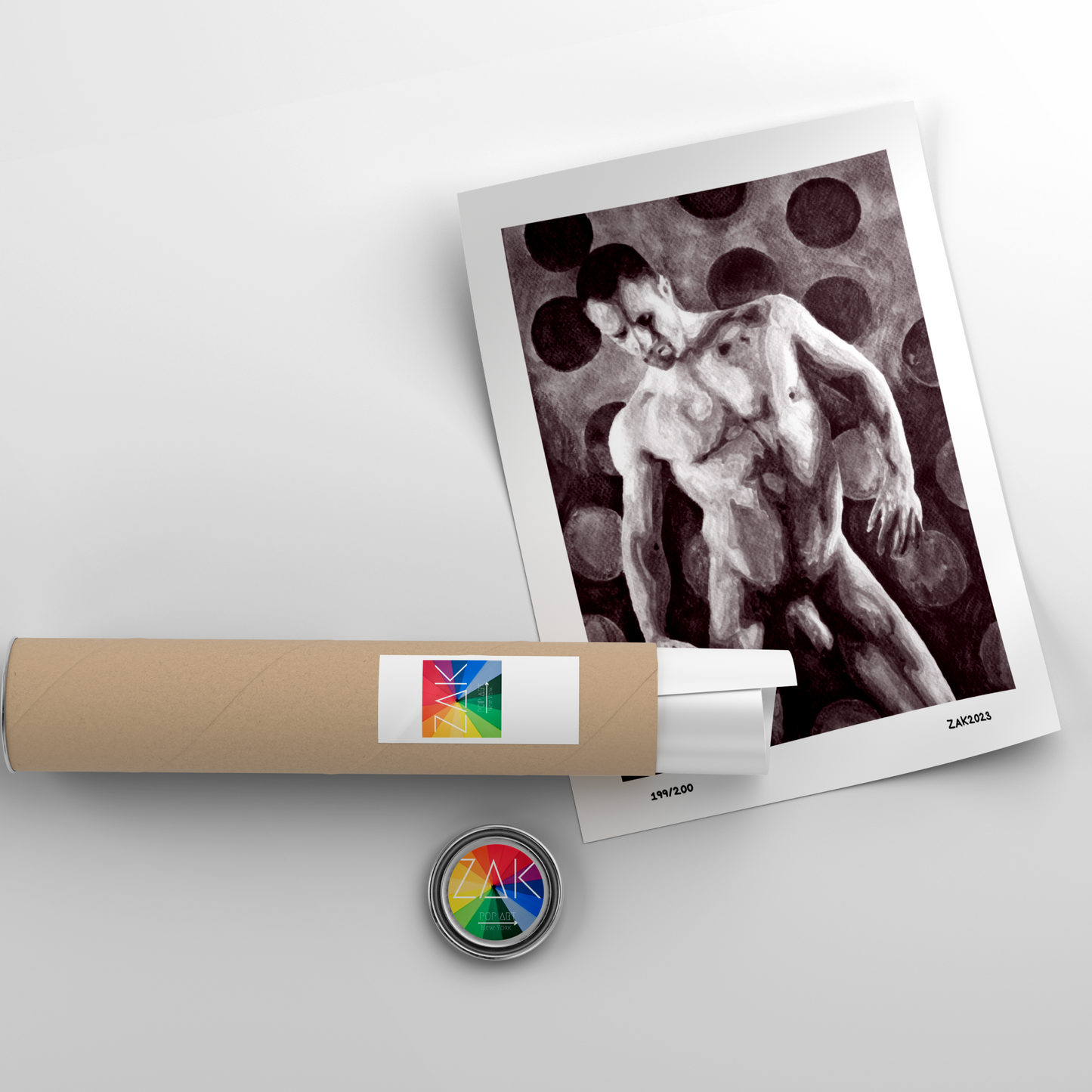 This image features a striking black and white art print titled "Attractive 2," showcasing a gay male nude. The print captures a powerful and erotic image of a shirtless man with a confident pose, set against a polka dot background.