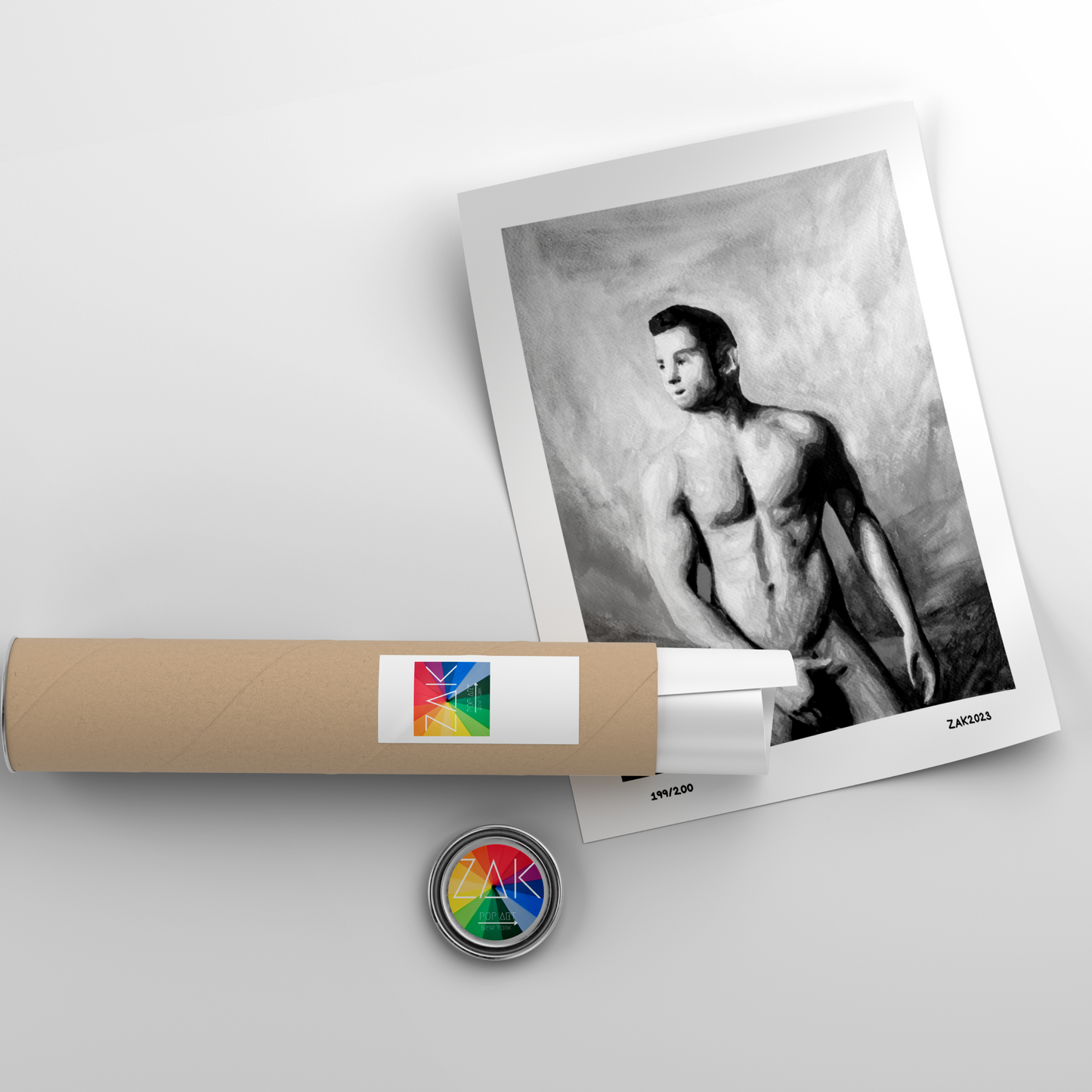 Black and white watercolor painting of a muscular nude man covering himself with his hands, standing beneath a moody sky, symbolizing queer strength, modesty, and emotional presence. Original Zak Pop Art.