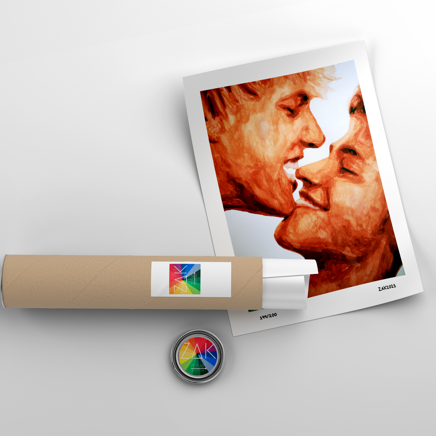Artistic depiction of two faces on a white background with a cylindrical object and circular badge in the foreground.