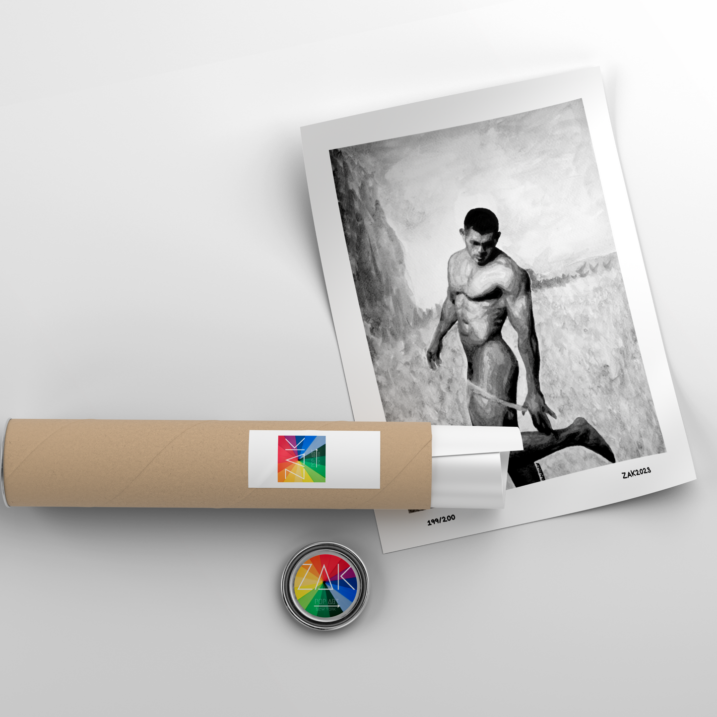 Black and white watercolor of a nude man lifting one leg to undress in a calm field, expressing movement, grace, and queer presence.