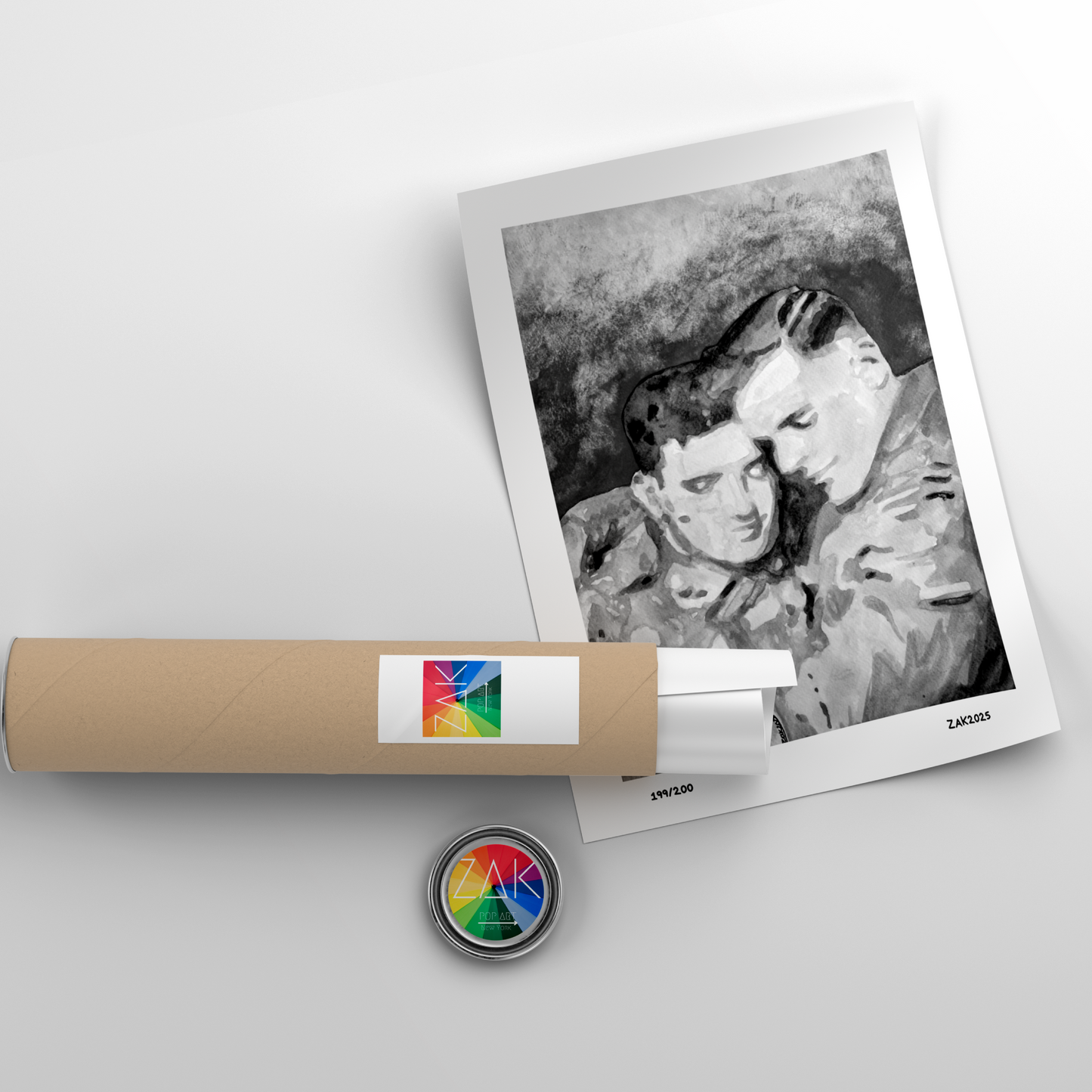 Black and white painting of two WWI soldiers in uniform sharing a tender, secret embrace. A grayscale tribute to queer love in wartime by Zak Pop Art.