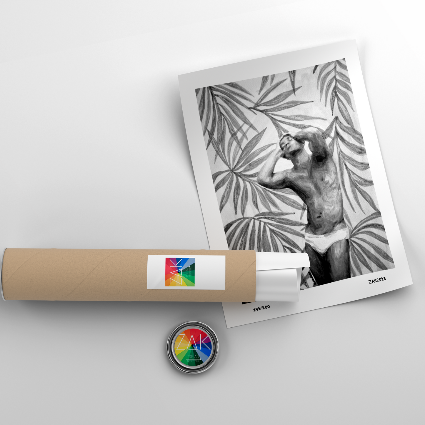 Black and white watercolor painting of a muscular man in underwear with tropical palm leaves background, showing bold Miami style and queer pride through strong contrasts and delicate shading. Original Zak Pop Art