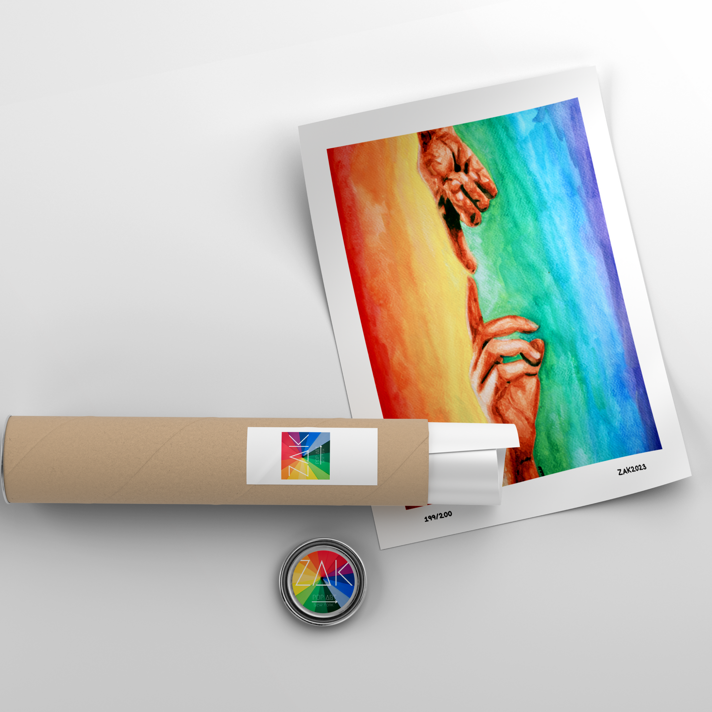 Rolled-up poster with a colorful design and a flat lay of the same design on a white background.