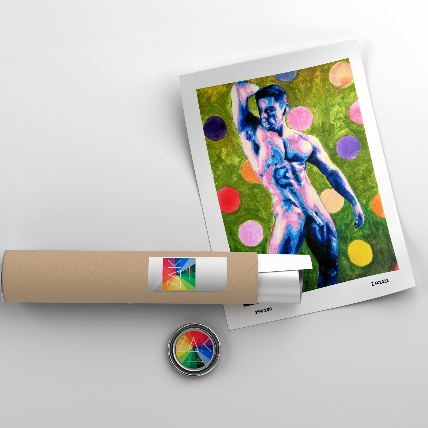 This image features a striking Giclée print titled "Nude with Polka Dots 5," presented in a vibrant and colorful watercolor style. The artwork depicts a male figure in a pose of elegance and confidence, surrounded by a lively mix of bold colors and playful polka dots.