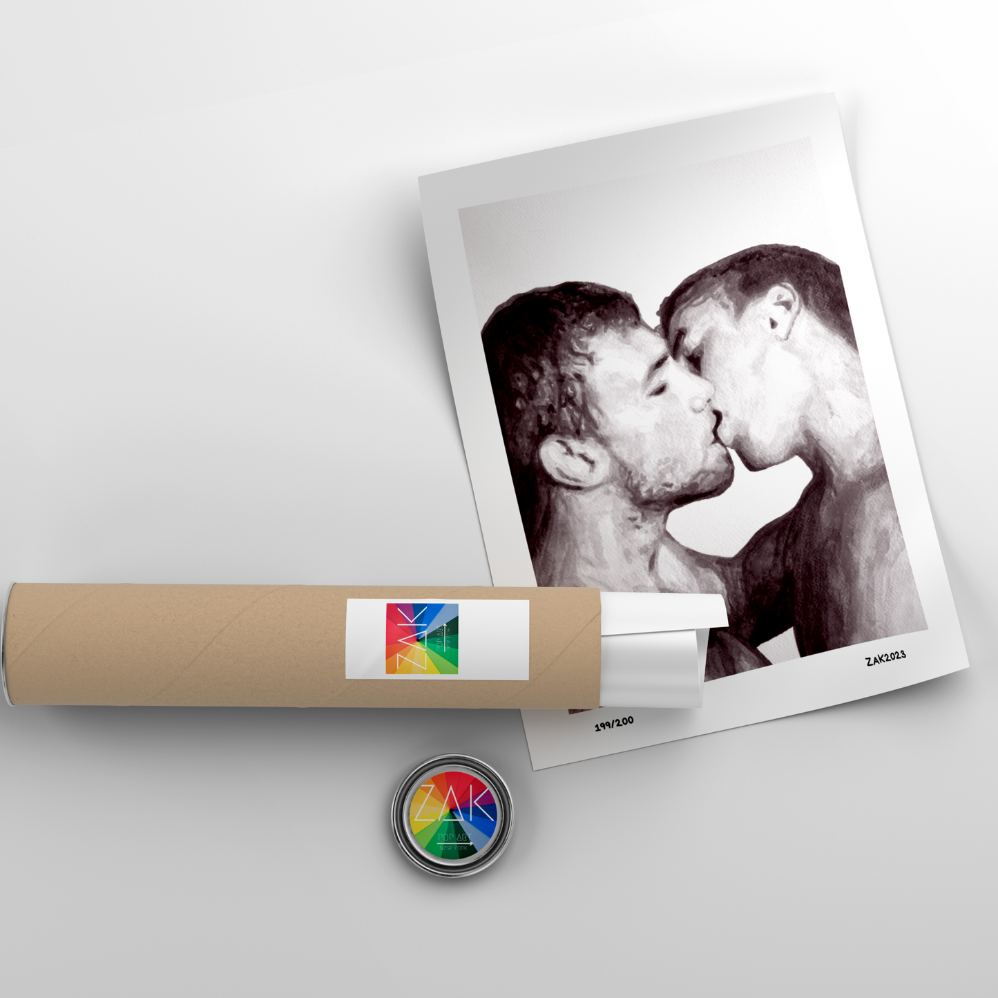 A black and white art print of a gay couple kissing, framed in a light wood enclosure.