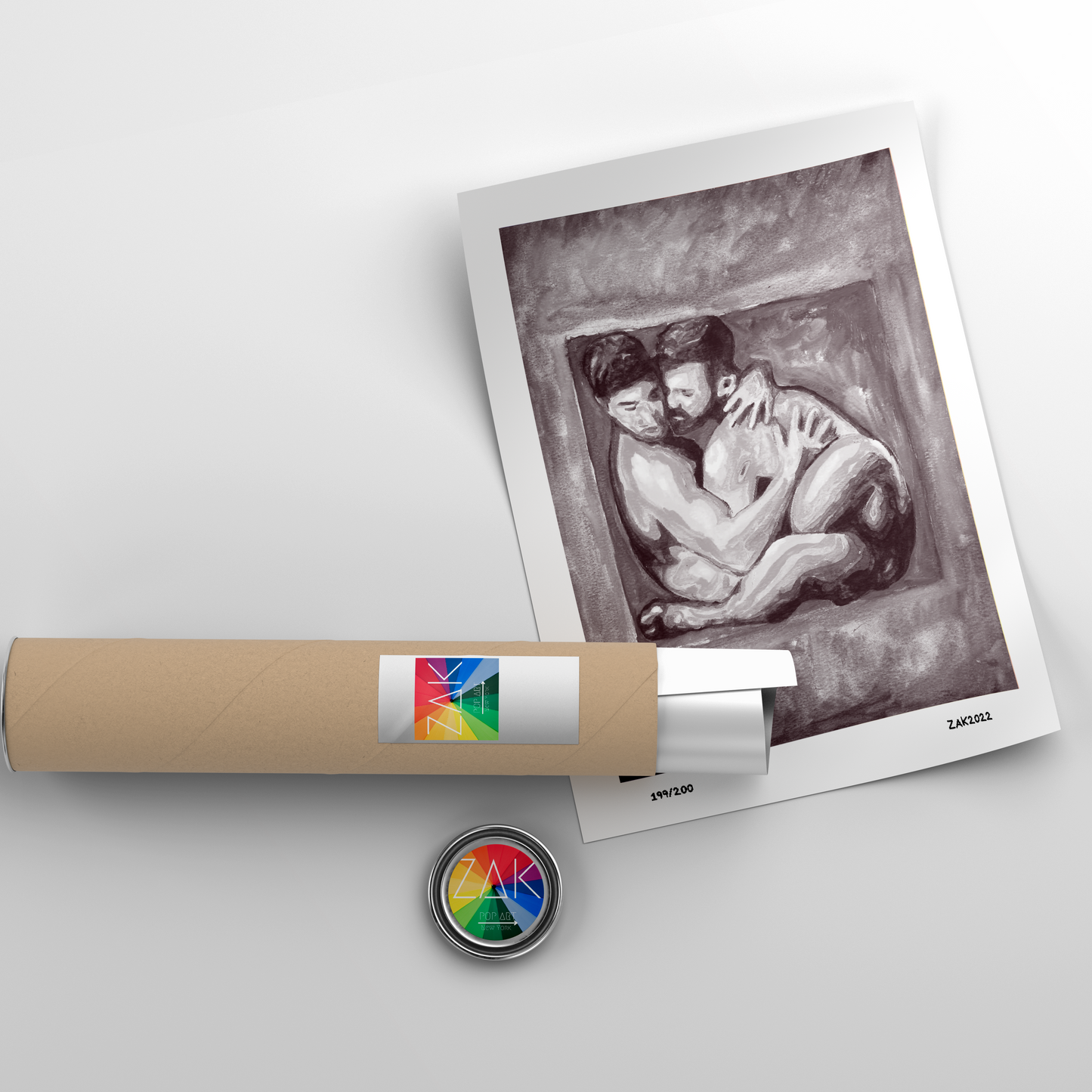 This image features a striking black and white art print titled "Unite (B&W)," which depicts a gay male couple in a sensitive and intimate pose. The painting captures the depth of emotion and physical connection between the two figures, rendered in soft, realistic strokes that highlight the contours and muscular tension of the figures.