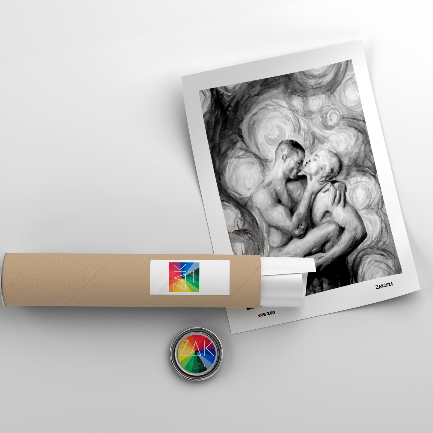 Artistic depiction of two figures embracing with a cylindrical product and circular emblem on a light gray background.