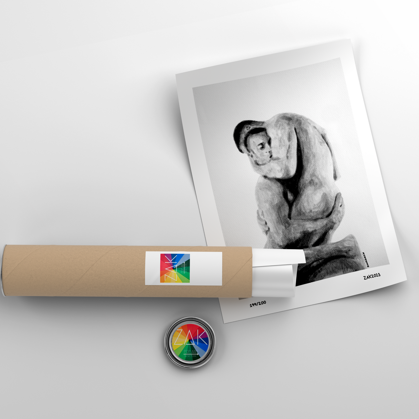 Roll of paper with a photo of a person wrapped around it on a light gray background