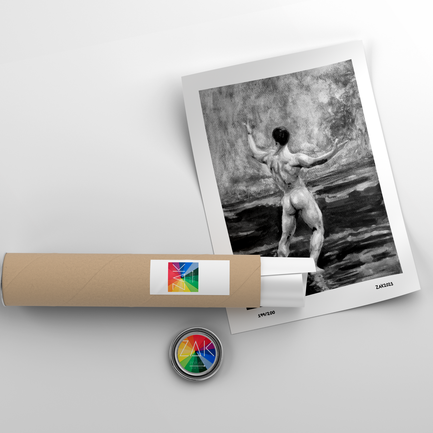 Rolled-up artwork with a print of a nude figure on a white background