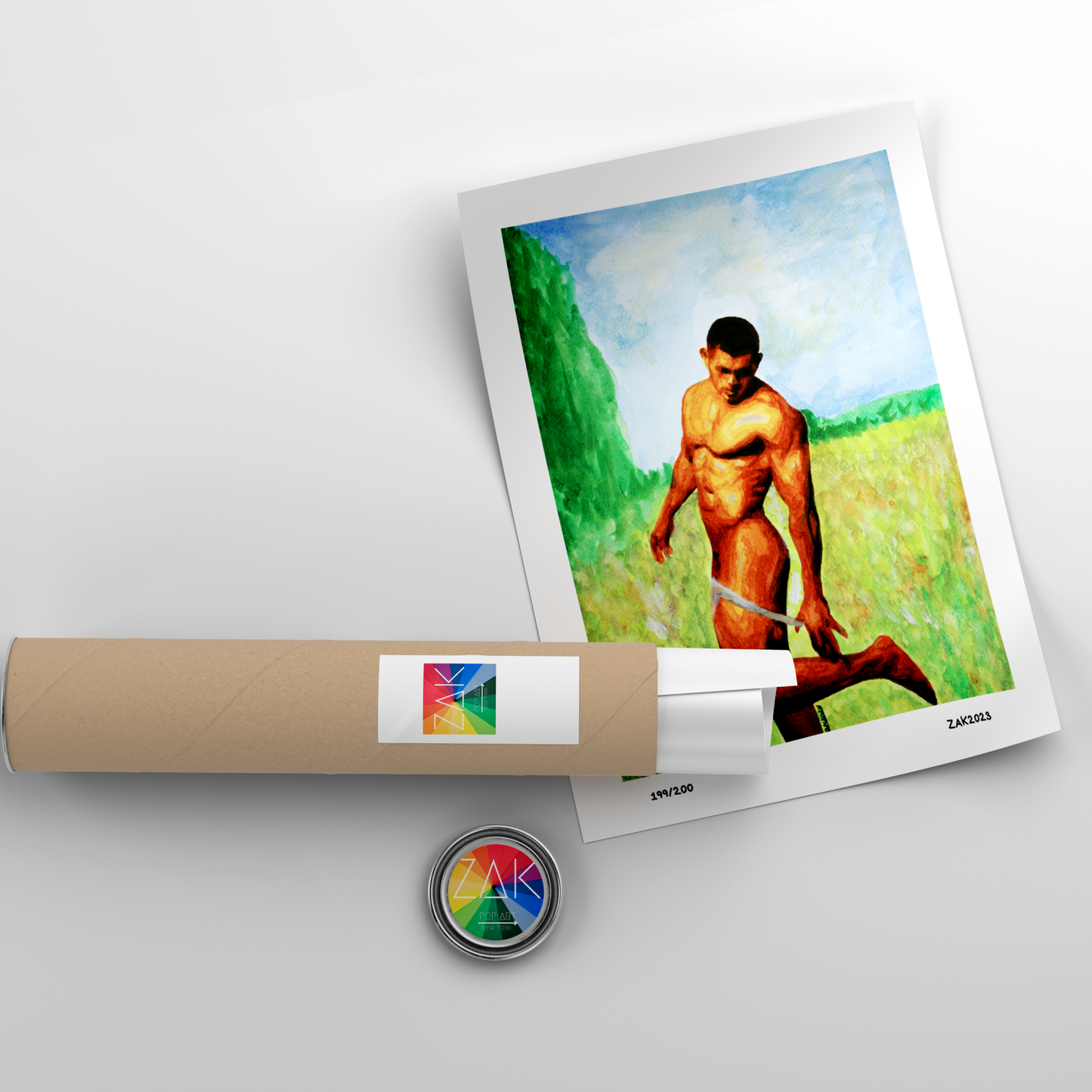 Watercolor of a nude man lifting one leg to remove underwear in a green field, painted in an impressionist style inspired by Monet.