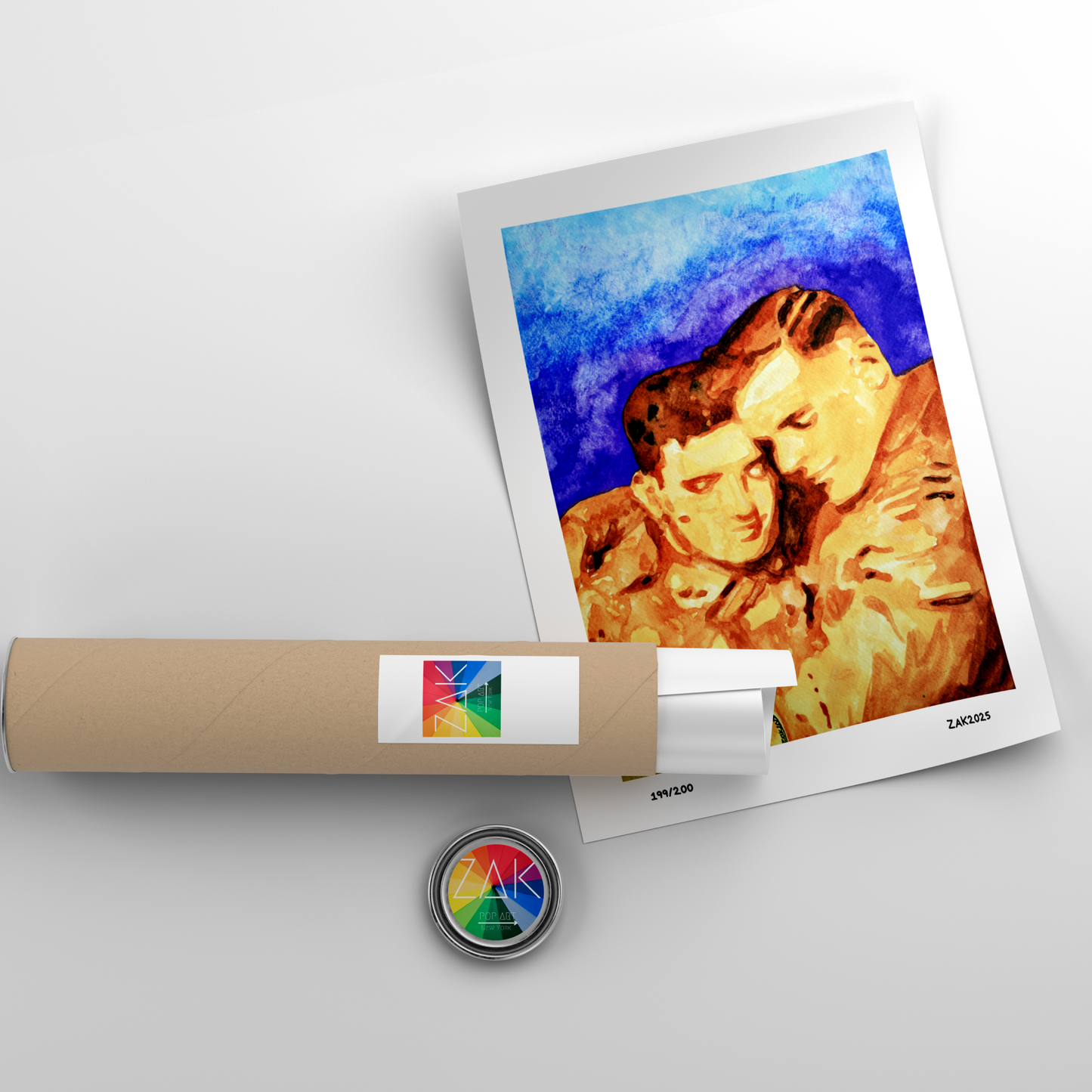 Watercolor painting of two WWI soldiers embracing tenderly, dressed in vintage military uniforms. A romantic and emotional tribute to hidden queer history.