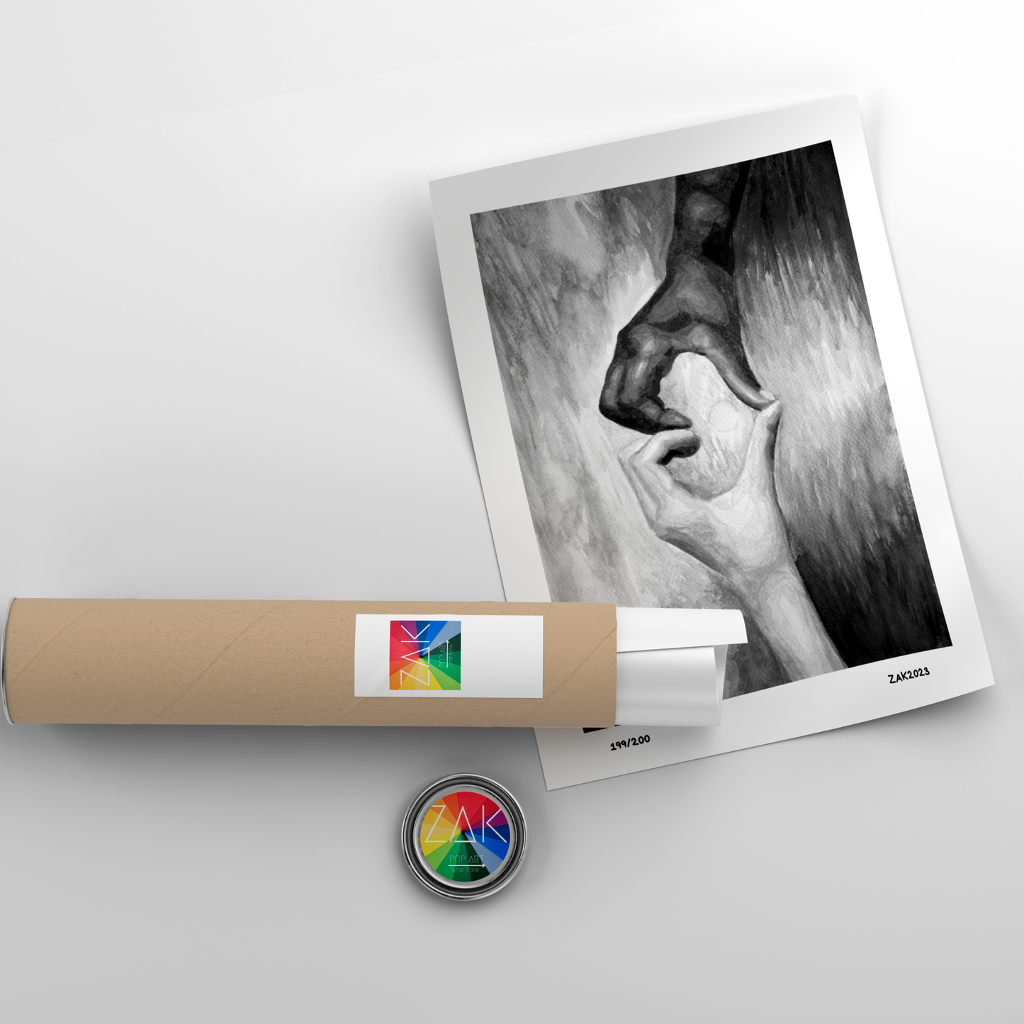 Framed black and white artwork of a hand holding a nose, with a cylindrical product and a button on a light gray background.