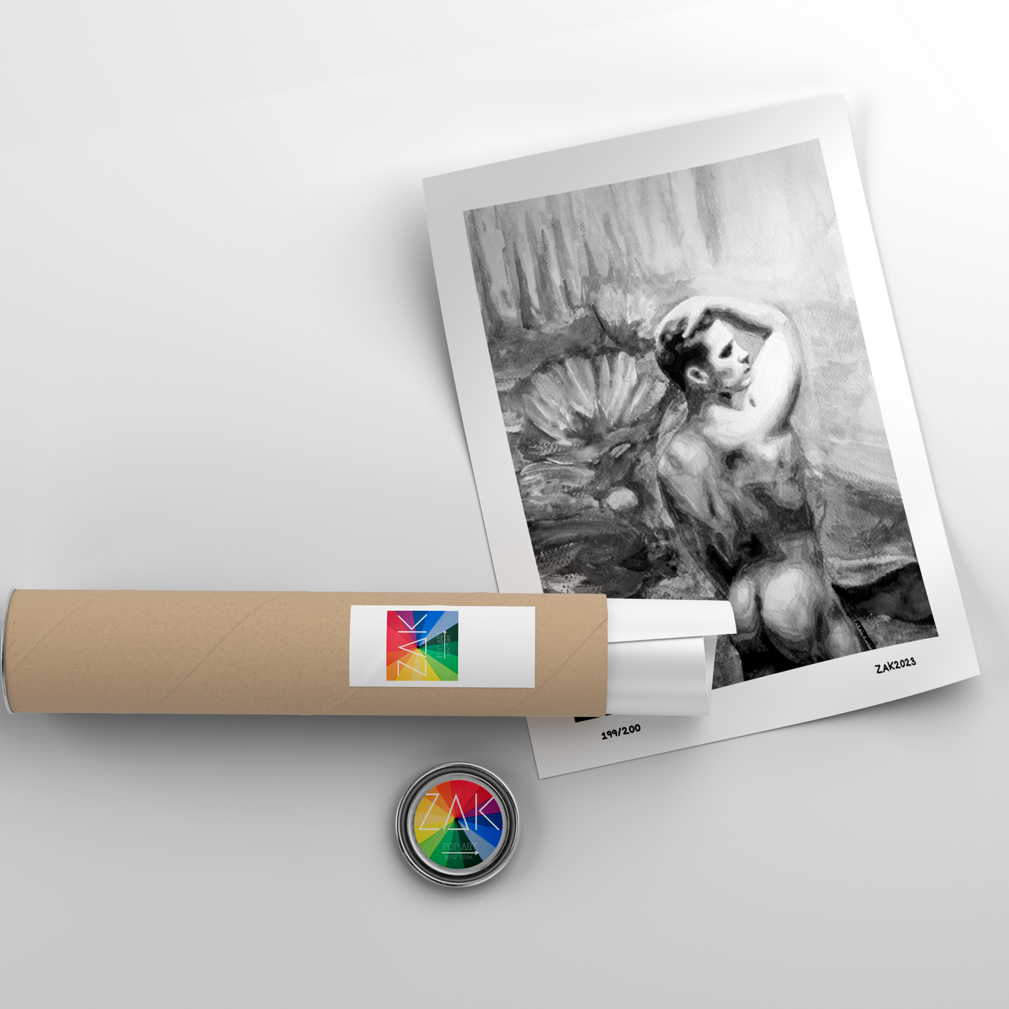 Artistic depiction of a wrapped product with a label, a photograph, and a button on a light gray background.