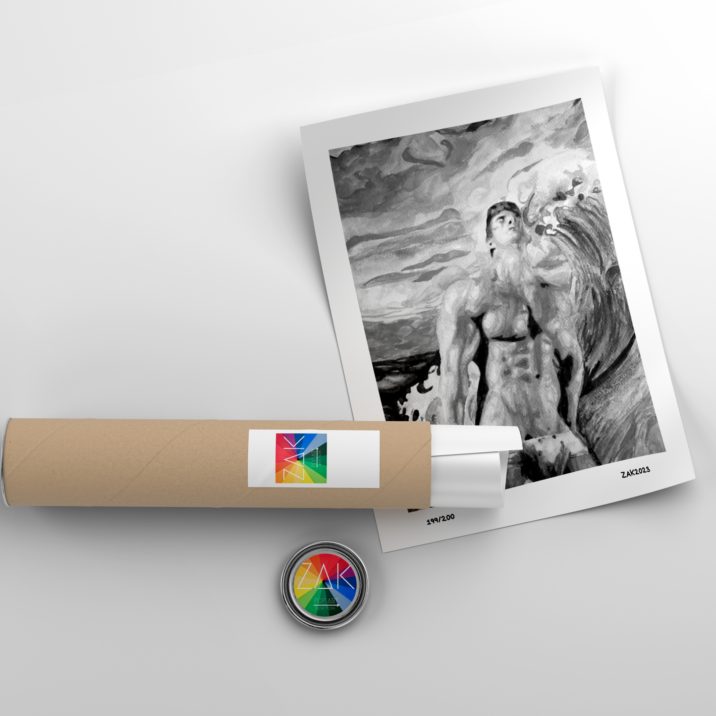 A black and white art print featuring a nude male figure with a muscular build, seated next to a wave or a column in a dramatic pose.