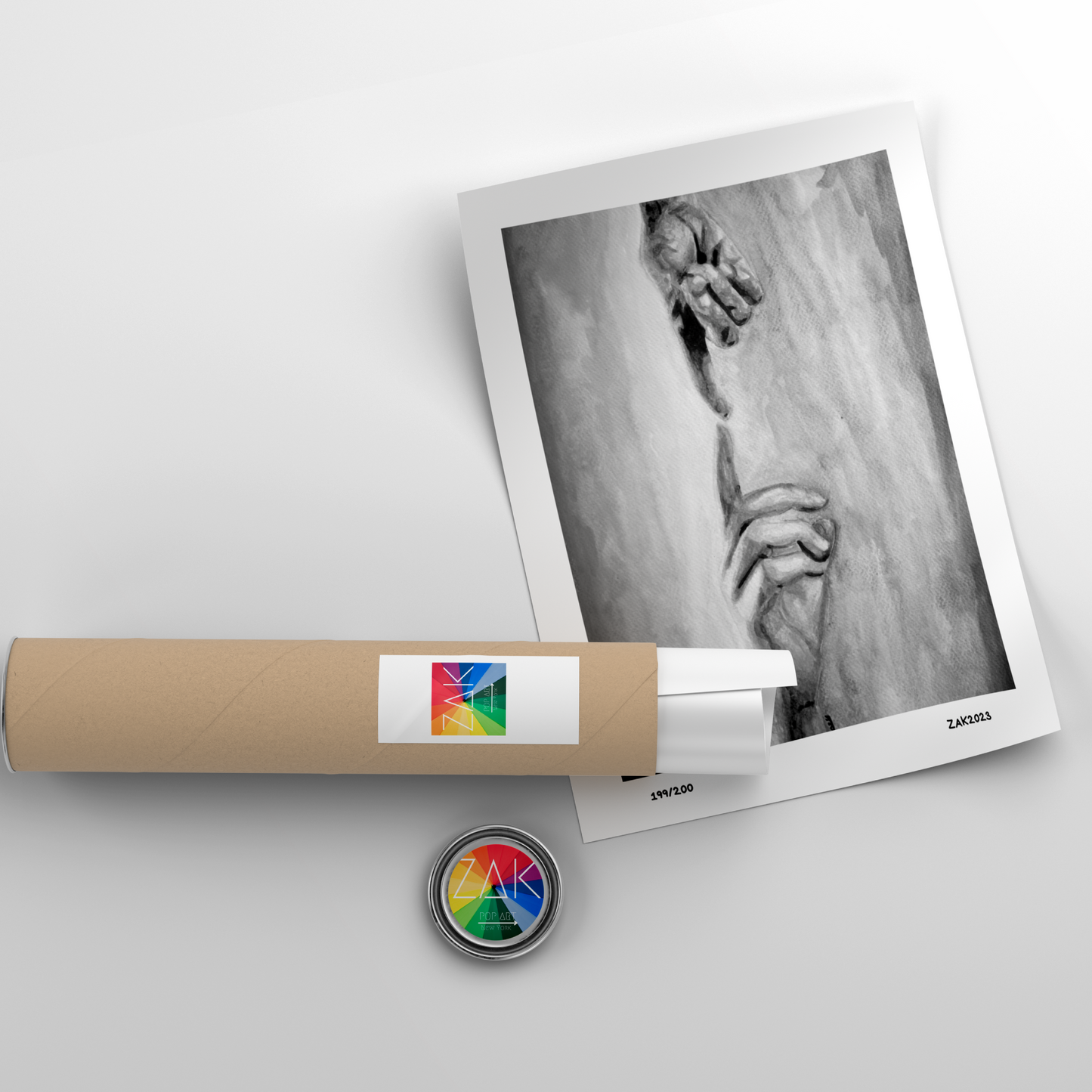 Art print of a hand holding another hand with a cylindrical packaging tube and a button on a light gray background