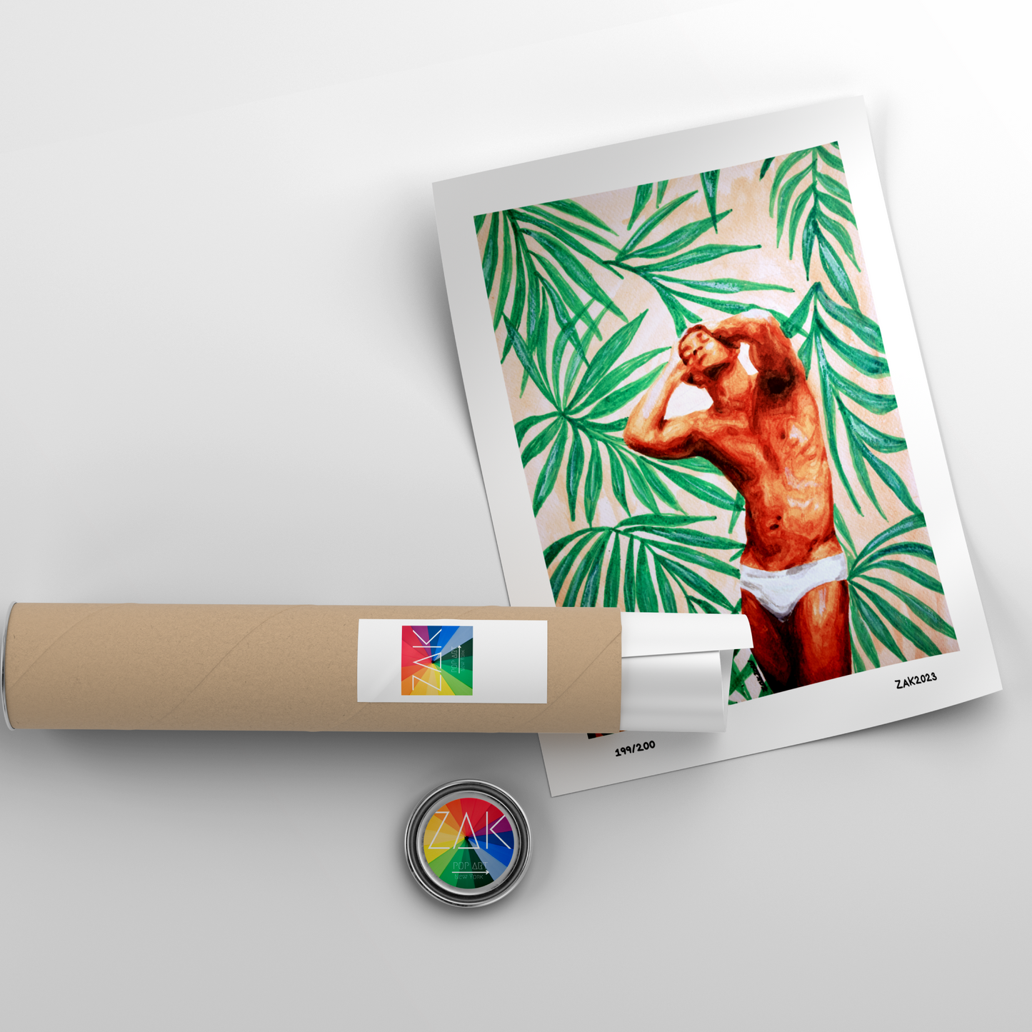 Watercolor painting of a muscular man wearing underwear, posed confidently against a backdrop of tropical palm leaves in soft pink tones, reflecting vibrant Miami style and queer pride. Original Zak Pop Art.