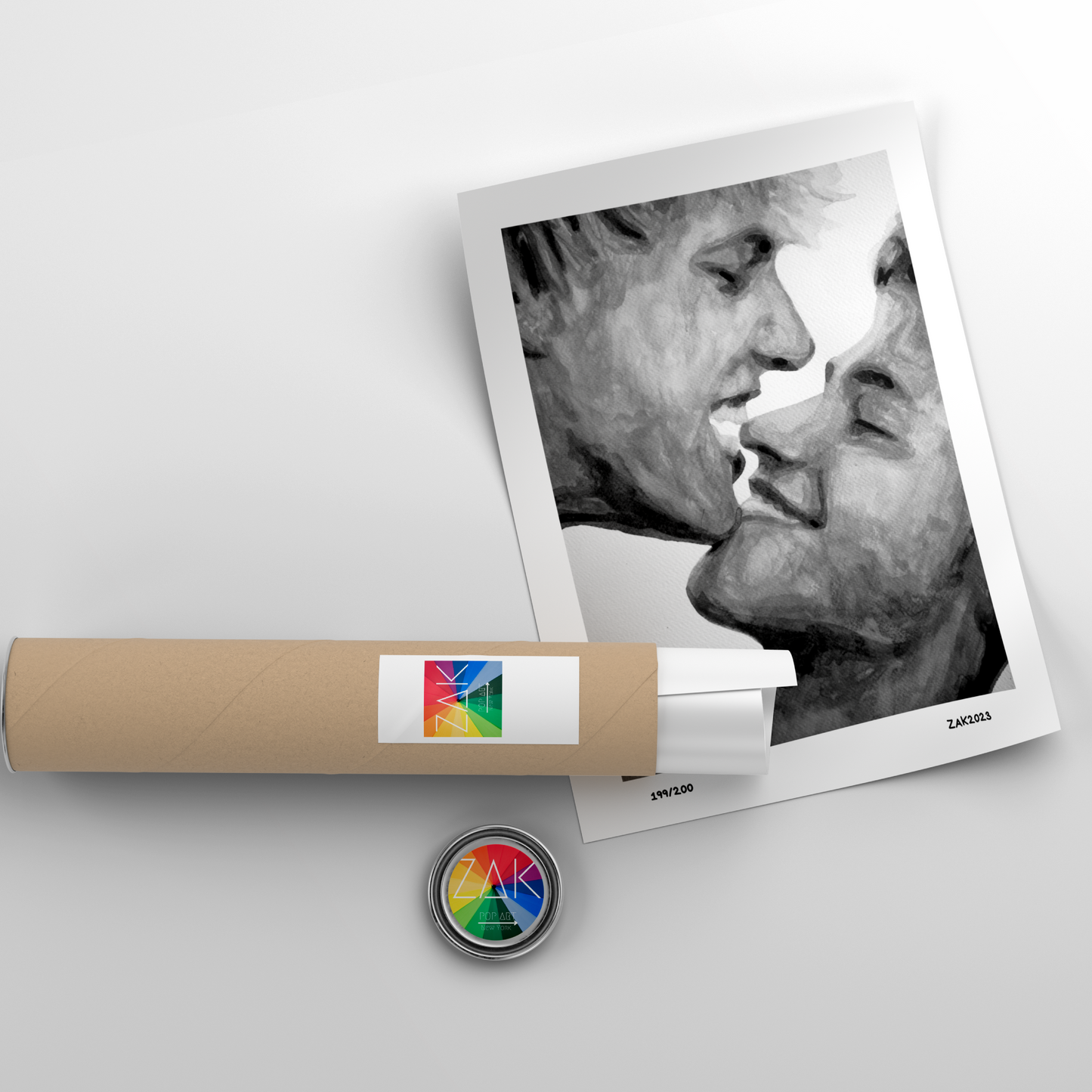 Roll of paper with a printed photo of two people kissing on a light gray background
