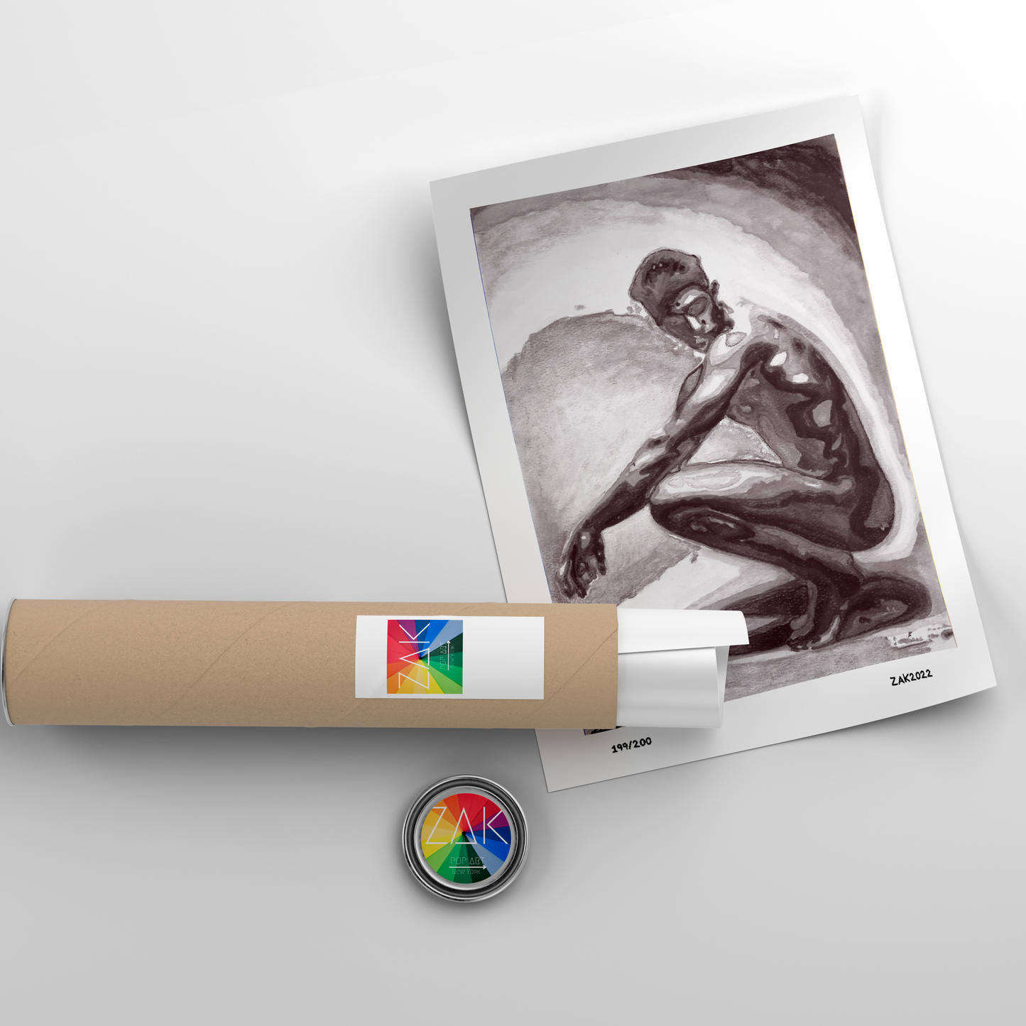 This image features a striking black and white print titled "Male at Sunset," which portrays a nude male figure in a kneeling position, surrounded by a blurred, ethereal background. The artwork is rendered in a soft, impressionistic style, emphasizing the play of light and shadow across the figure's muscular form.