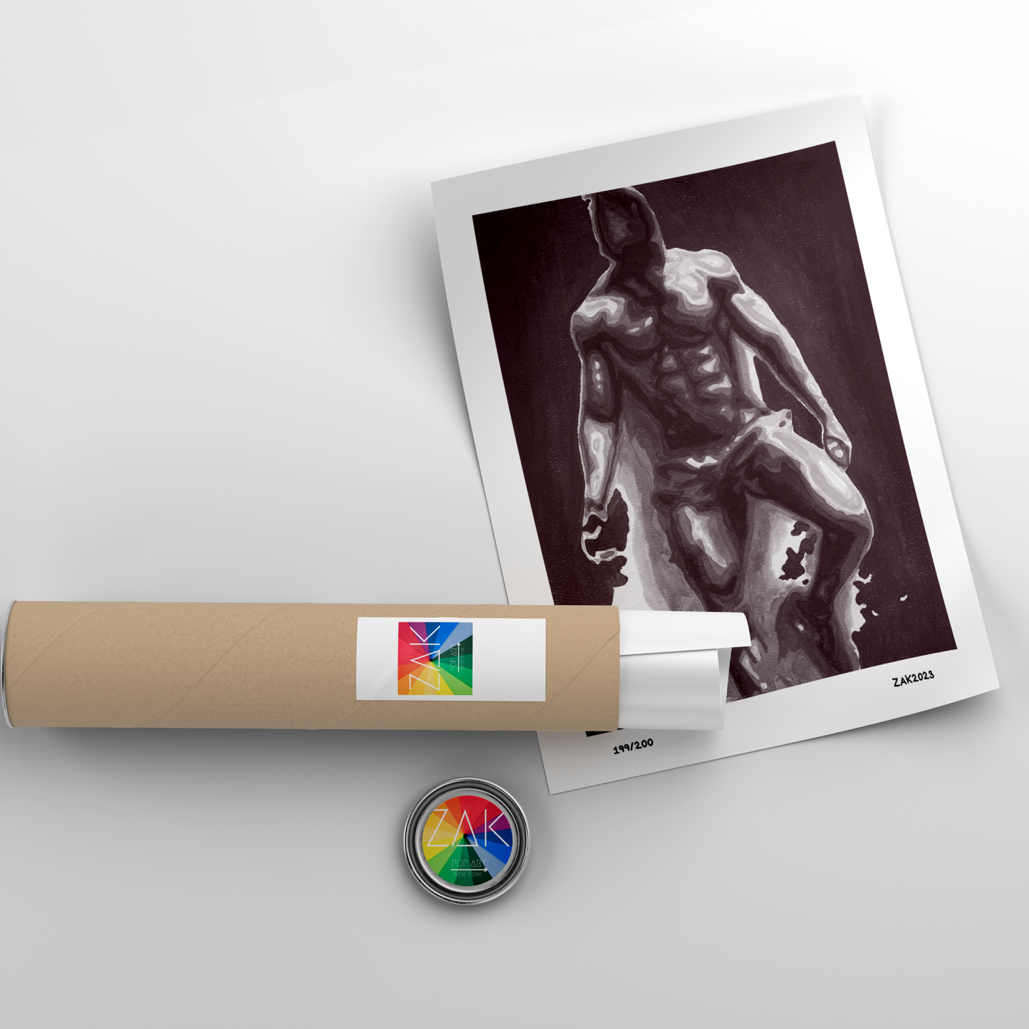 Black and white male nude art print, framed in a light wood frame.