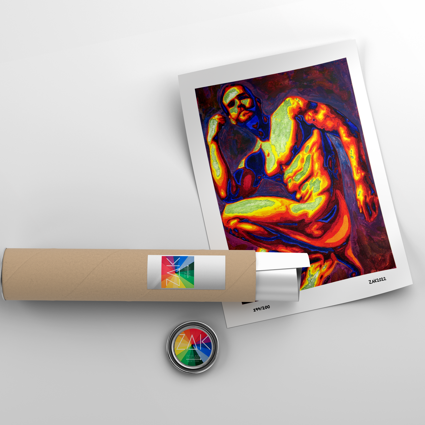 This image features a striking Giclée print titled "Muscle," which portrays a vibrant and abstract depiction of a nude male figure. The artwork is characterized by bold outlines and a rich, colorful palette, with shades of blue, orange, and yellow dominating the scene.