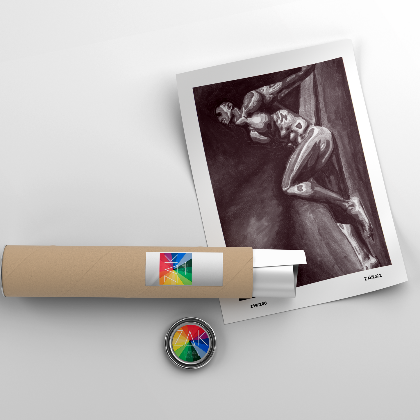 This image features a striking black and white watercolor painting titled "Twilight." It depicts a male figure in a contorted, erotic pose, with a focus on the play of light and shadow across the figure's muscular form.