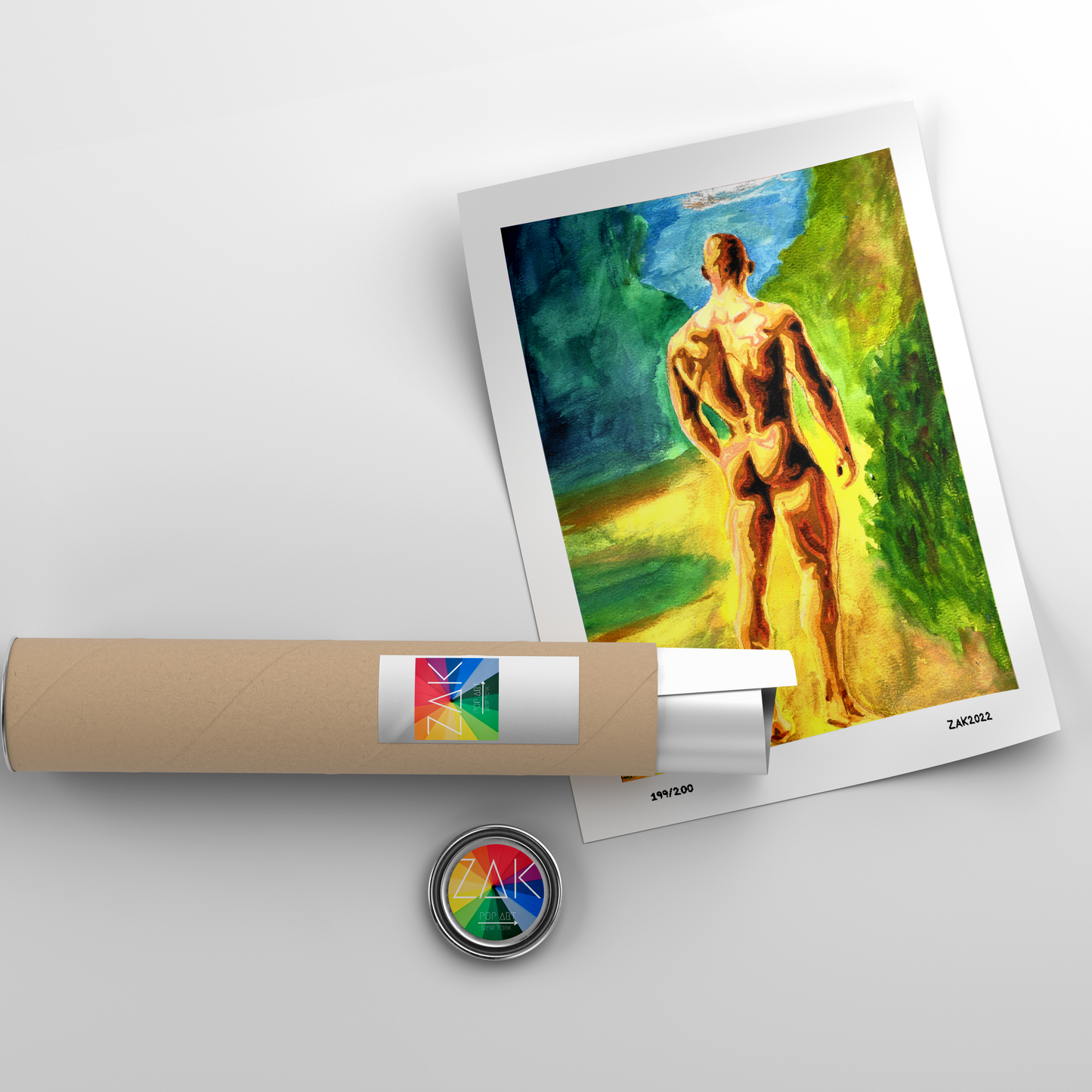 This image features a striking Giclée print titled "In the Forest." The artwork depicts an abstract and erotic scene with a male nude figure prominently displayed.