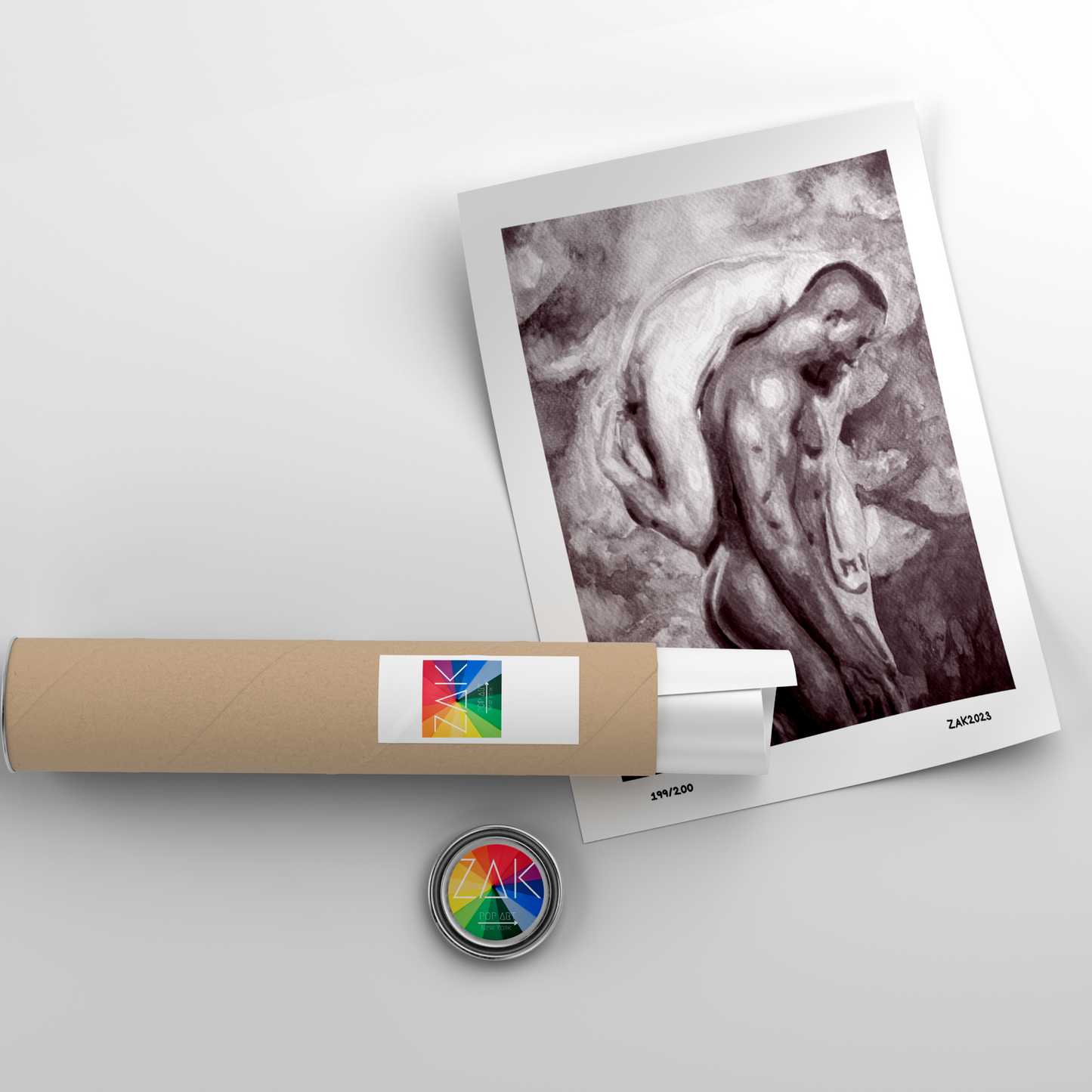 A black and white art print featuring a same-sex couple in a romantic pose, with a cloudy sky in the background.