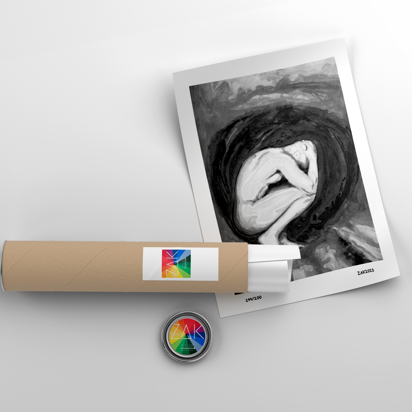 Art print of a black and white face with a cylindrical packaging tube and colorful label on a light gray background.
