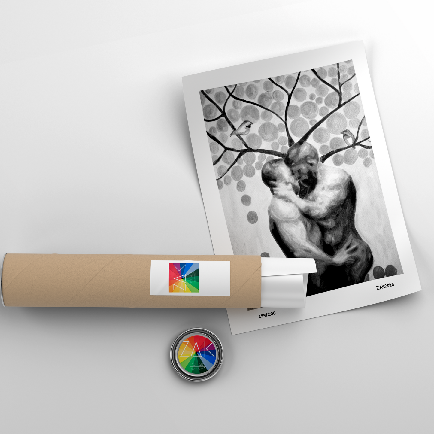 Black and white watercolor painting of two nude men embracing under a tree, with birds and surrounding leaves, expressing queer love, tenderness, and connection. Original Zak Pop Art.