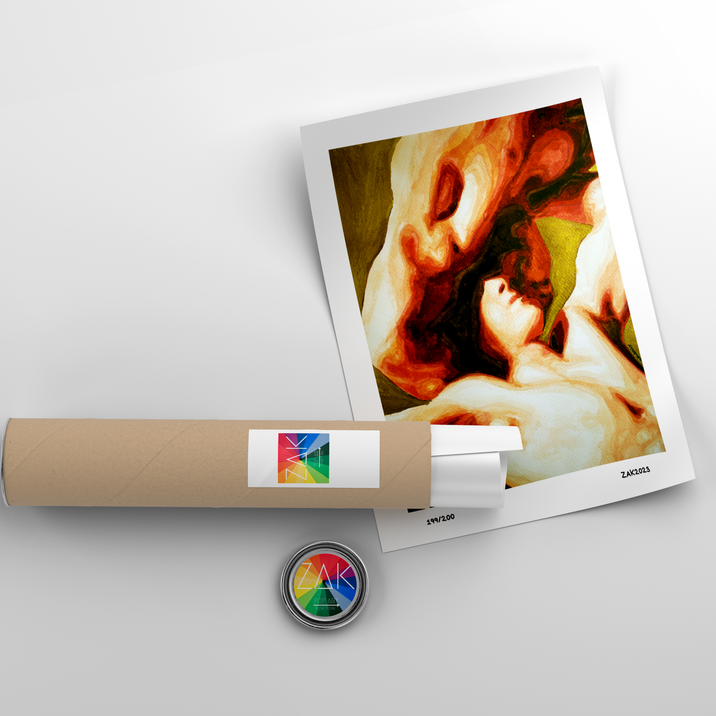 Artistic depiction of a woman and child with a roll of paper and a button on a light gray background