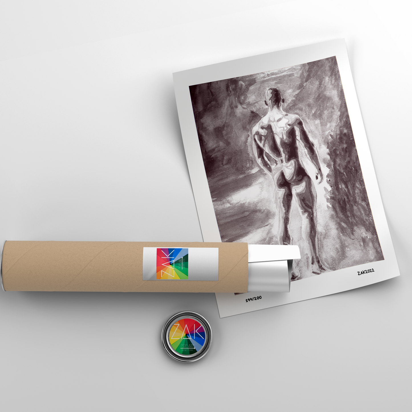 This image features a striking black and white art print titled "In the Forest." The print captures the elegance of a male nude figure, portrayed in a contemplative pose with a blurred, abstract background that adds an erotic dimension to the piece.