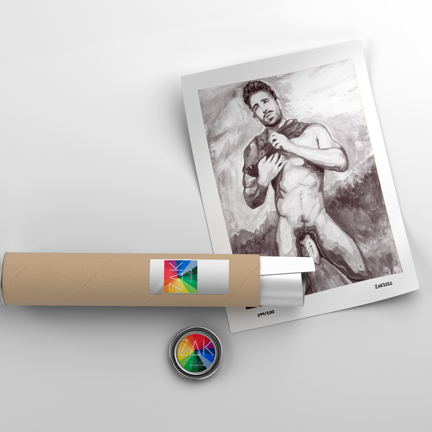 This image features a striking black and white illustration titled "Off the Shirt," showcasing a male nude figure. The artwork is rendered in a soft, realistic style with attention to shading and muscle detail, capturing a sense of movement and emotion.