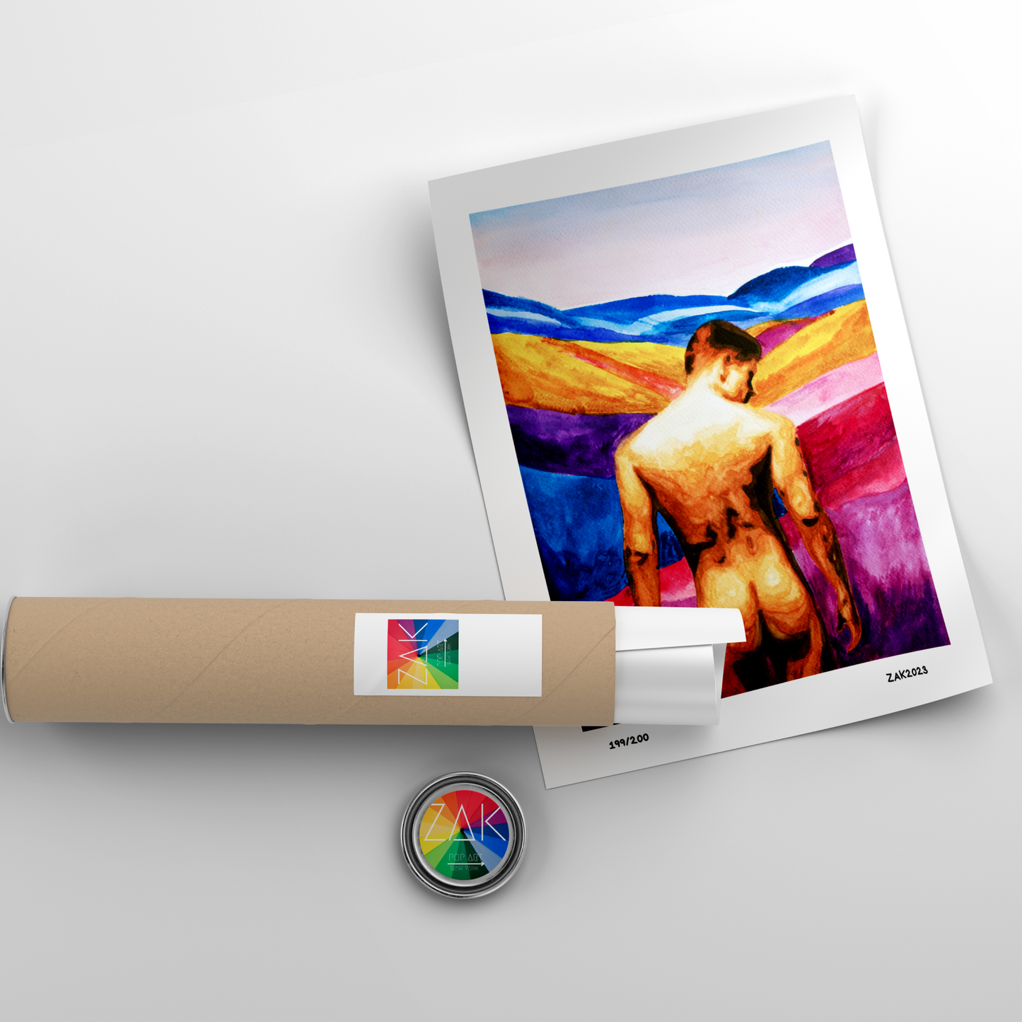 Print of a nude man seen from behind, showing his bare back and buttocks, gazing toward distant, imaginary colorful hills. Minimalist yet expressive LGBTQ+ art print.