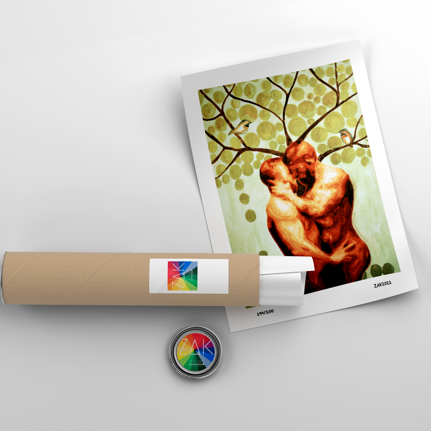Watercolor painting of two nude men embracing under a tree with golden leaves and two birds, symbolizing queer love, peace, and connection in nature. Original Zak Pop Art.