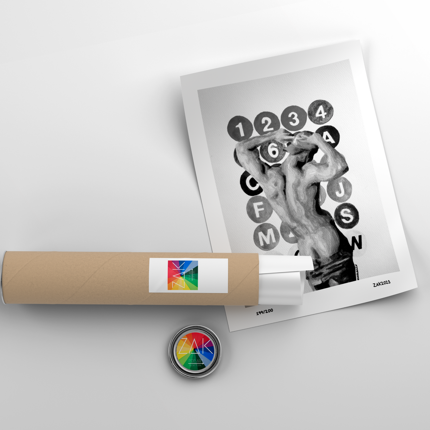 Artistic depiction of a figure with numbers and letters on a white background, accompanied by a cylindrical object and a round badge.