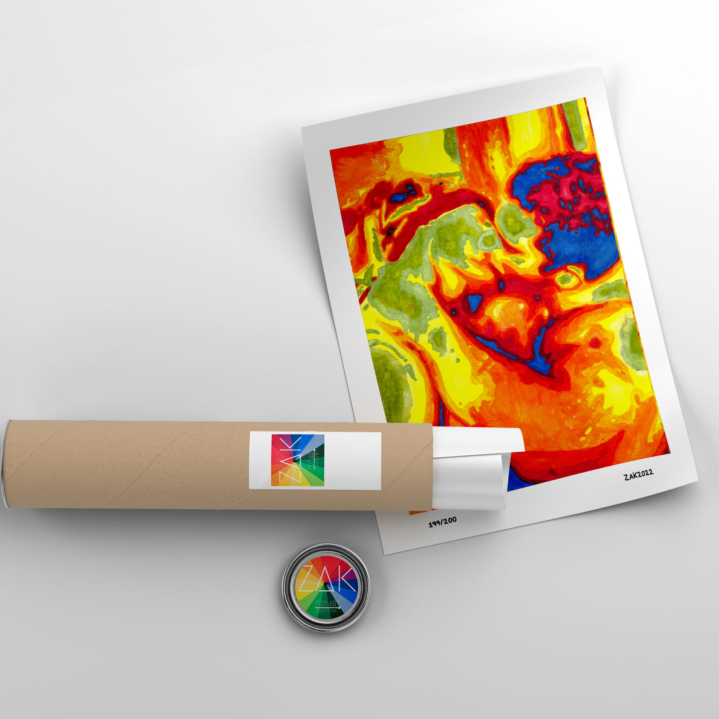 This image features a striking Giclée print titled "The Kiss 5," created by artist Zak Mohammed. The print captures a vivid and abstract depiction of a kiss, with fiery orange and yellow hues giving way to cooler blues and reds.