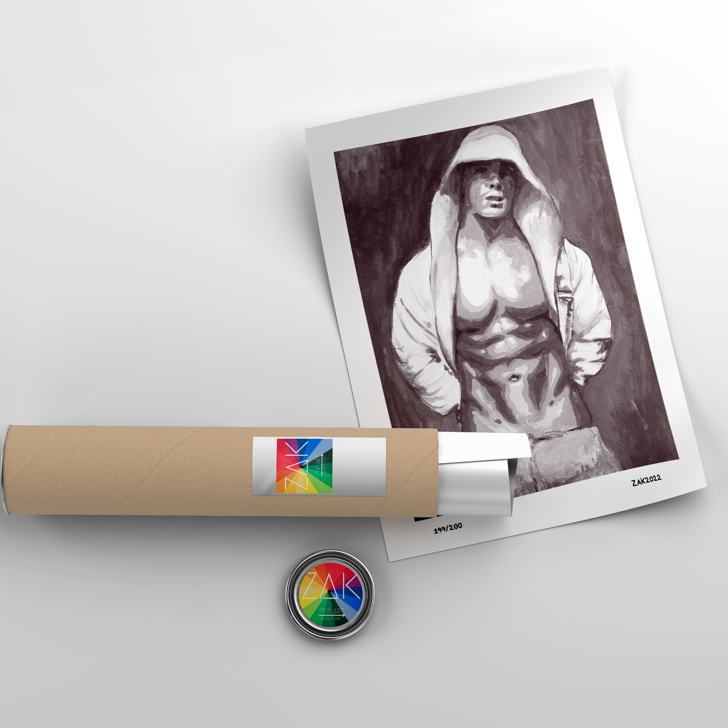 This image features a striking black and white art print titled "Hoodie," which portrays a male figure wearing a hoodie in a thoughtful, turned-around pose. The artwork is rendered in bold, expressive lines and shading techniques, emphasizing the muscular build and form of the figure.