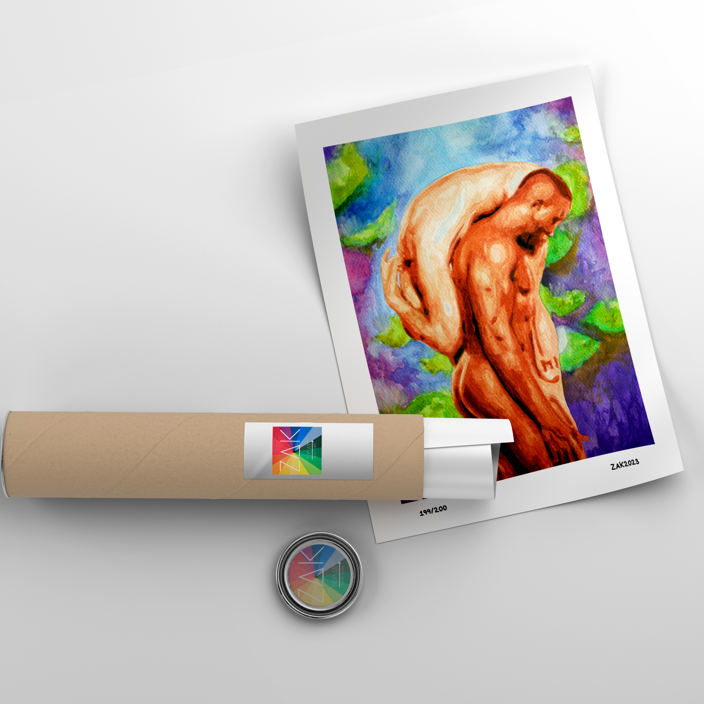 This image features a stunning hand-made watercolor print titled "Carrying Me," depicting an intimate and romantic scene of a same-sex couple. The artwork is rich in vibrant colors and striking imagery, capturing a moment of vulnerability and strength.