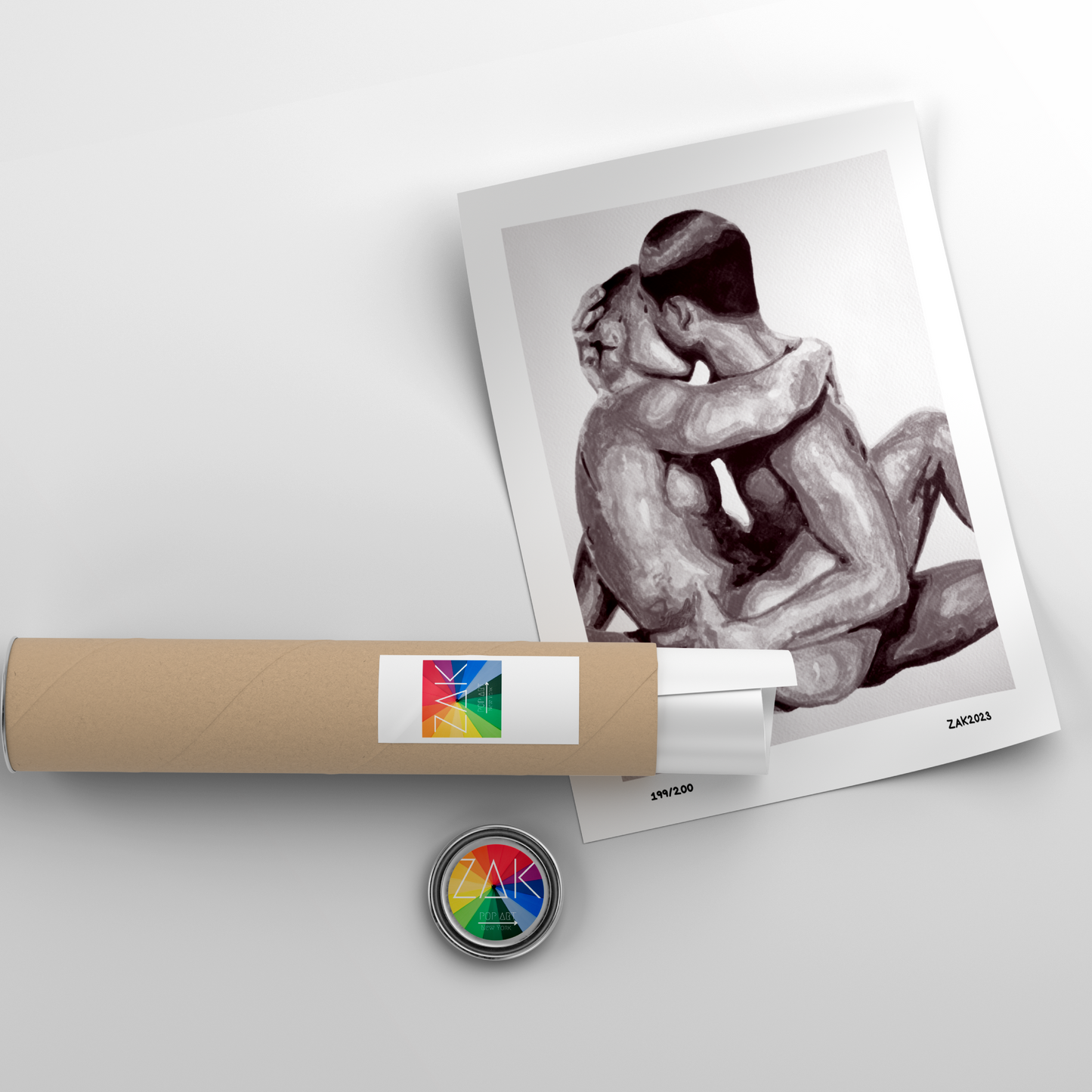 This image features a framed art print titled "Couple Hugging," depicting a passionate kiss between two nude males. The artwork is captured in a delicate black and white tone, emphasizing the erotic and intimate nature of the scene.