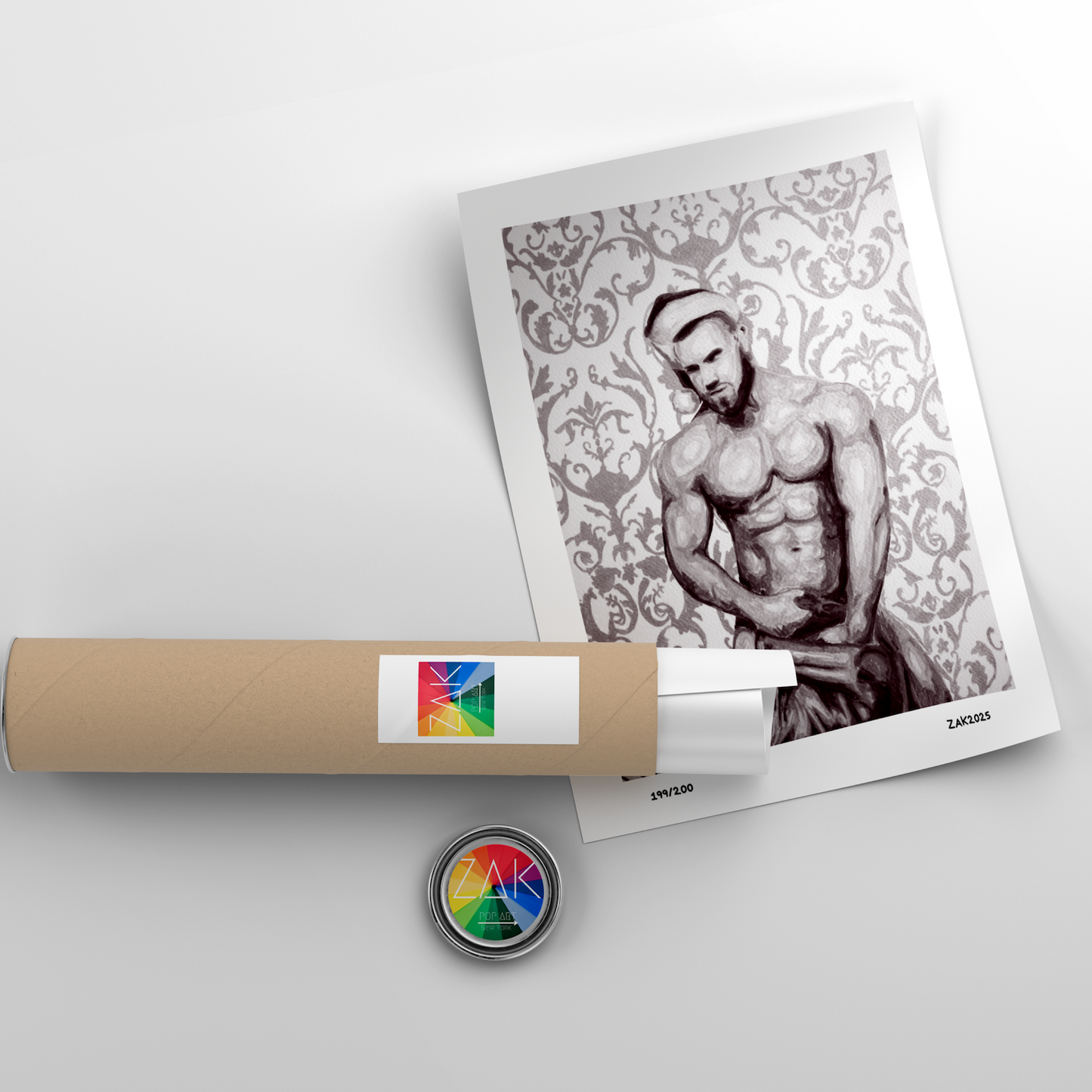 Artistic depiction of a rolled-up poster with a printed image of a shirtless man on a decorative background, placed on a light gray surface.