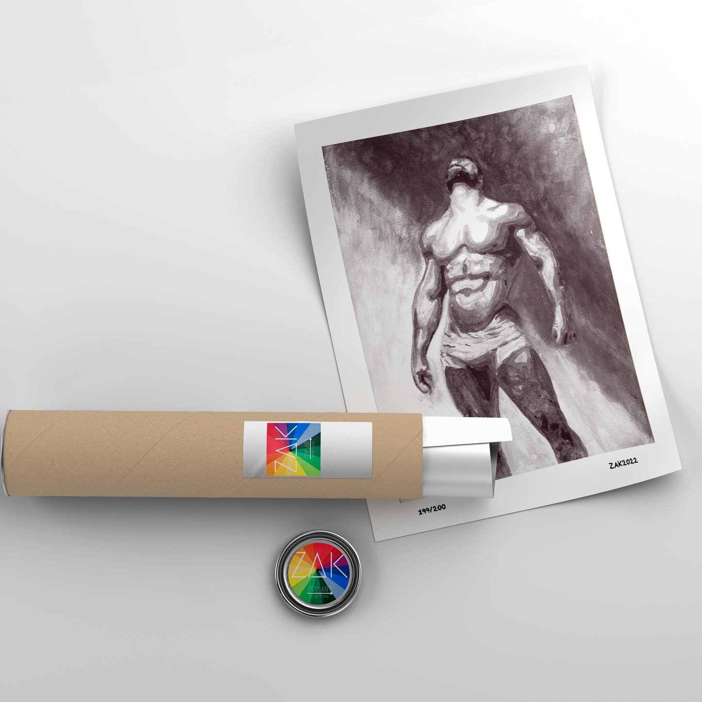 This image features a striking black and white art print titled "Rainbow," which depicts a male figure in a sensuous and homoerotic pose. The artwork is rendered in bold, smooth lines with a palette of gray tones, highlighting the muscular contours and the play of light and shadows across the figure's torso and arms.