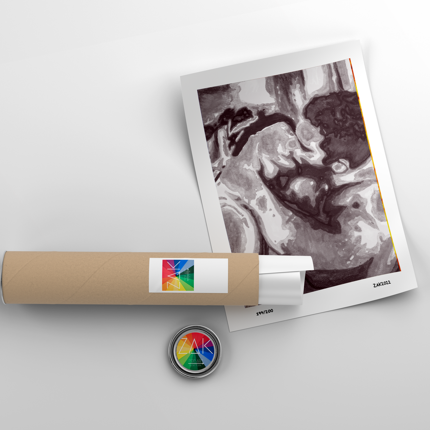 This image features a striking black and white print titled "The Kiss 3," queer art, showcasing an abstract depiction of a male figure in a sensual pose. The artwork is rendered in bold, fluid lines that emphasize the contours and form of the figure, highlighted by soft, warm tones that give it a sophisticated and evocative feel.