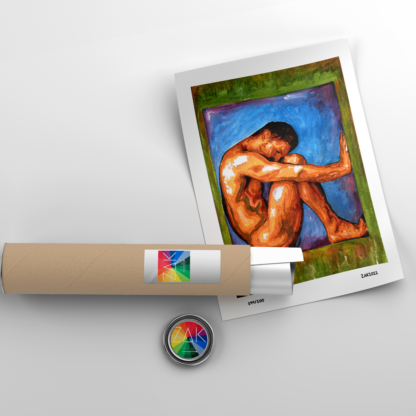 This image features a striking Giclée print of an original watercolor painting, titled " Inside Cube." The artwork depicts a male figure rendered in bold, vibrant colors, primarily in shades of blue and green, highlighting a moment of introspection and strength.
