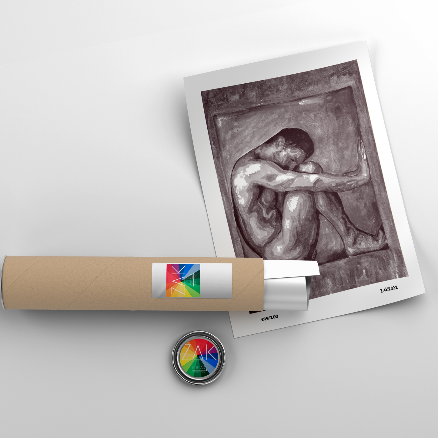 This image displays a striking Giclée print titled " Inside a Cube," featuring an original black and white watercolor painting. The artwork captures the somber yet powerful pose of a male figure enshrined within a geometric, cubic structure.