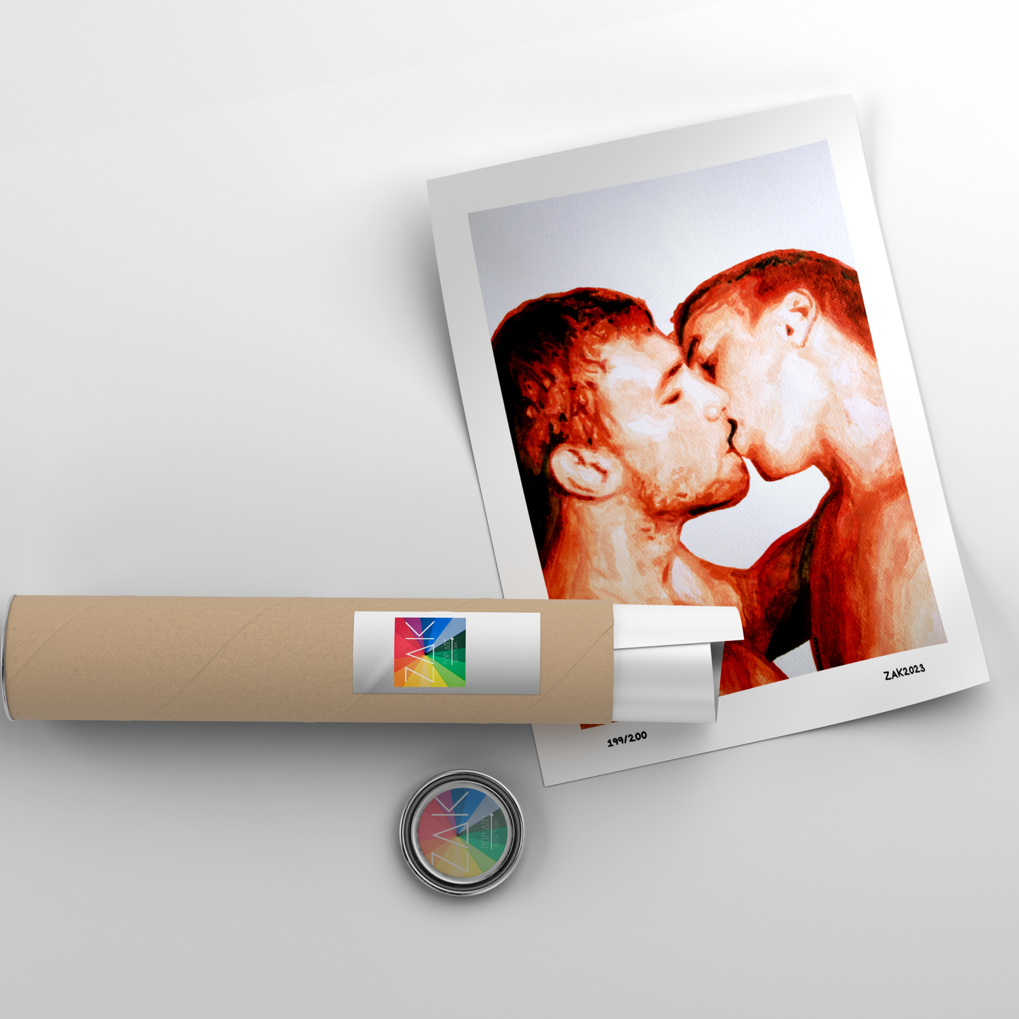 A framed watercolor art print featuring a gay couple kissing, with red and white tones predominating.