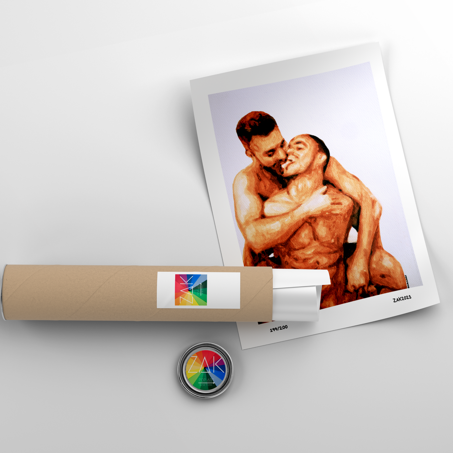 Unrolled poster of two men embracing with a roll of paper and a button on a light gray background